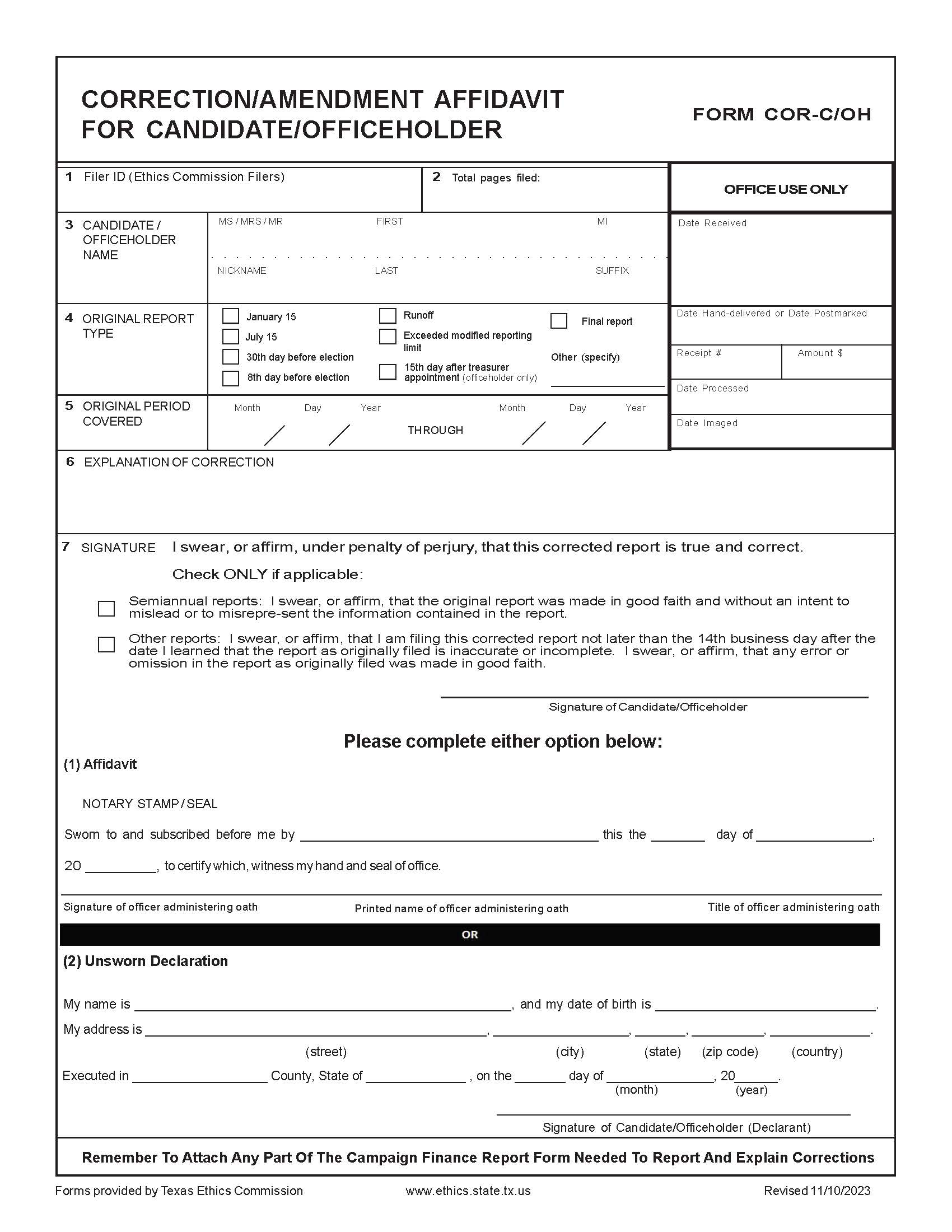 Correction AmendmentAffidavit For Candidate-Officeholder {COR-C-OH} | Pdf Fpdf Doc Docx | Texas