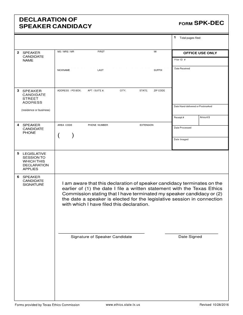 Declaration Of Speaker Candidacy {SPK-DEC} | Pdf Fpdf Docx | Texas