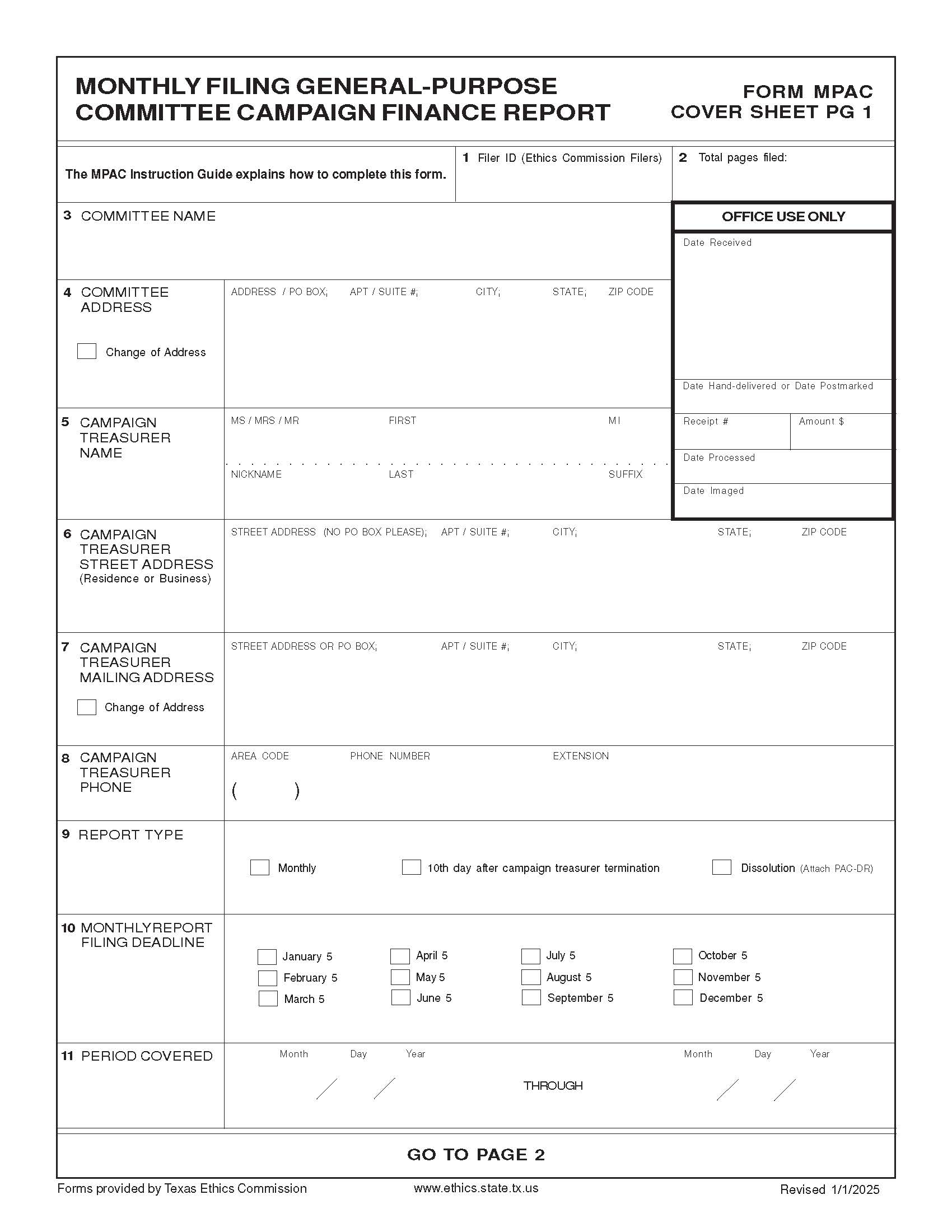 Monthly Filing General-Purpose Committee Campaign Finance Report {MPAC} | Pdf Fpdf Docx | Texas