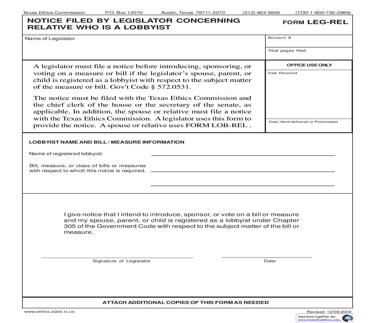 Notice Filed By Legislator Concerning Relative Who Is A Lobbyist {LEG-REL} | Pdf Fpdf Doc Docx | Texas