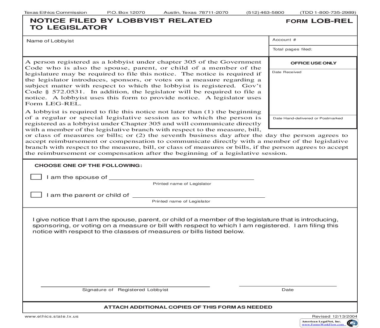 Notice Filed By Lobbyist Related To Legislator {LOB-REL} | Pdf Fpdf Doc Docx | Texas