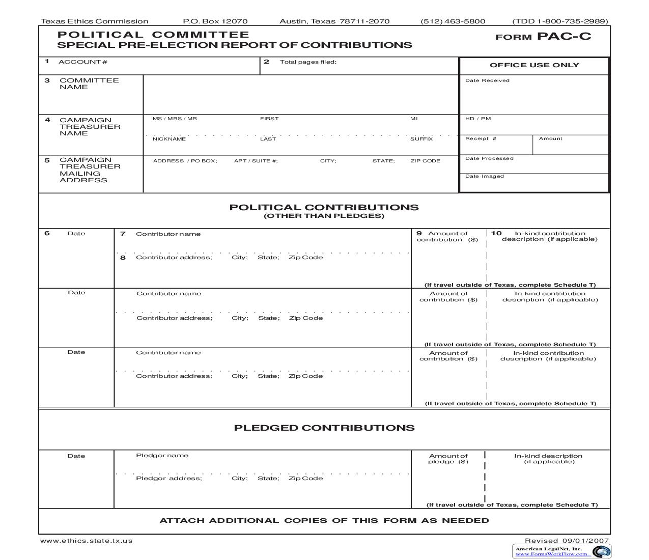 Political Committee Special Pre-Election Report Of Contributions {PAC-C} | Pdf Fpdf Doc Docx | Texas