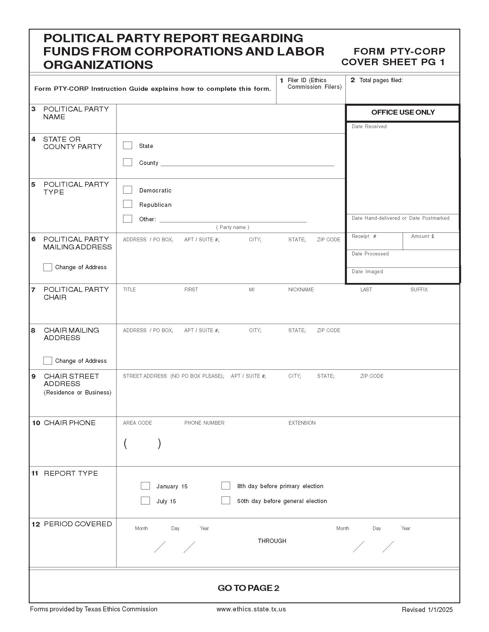 Political Party Report Regarding Funds From Corporations And Labor Organizations {PTY-CORP} | Pdf Fpdf Docx | Texas
