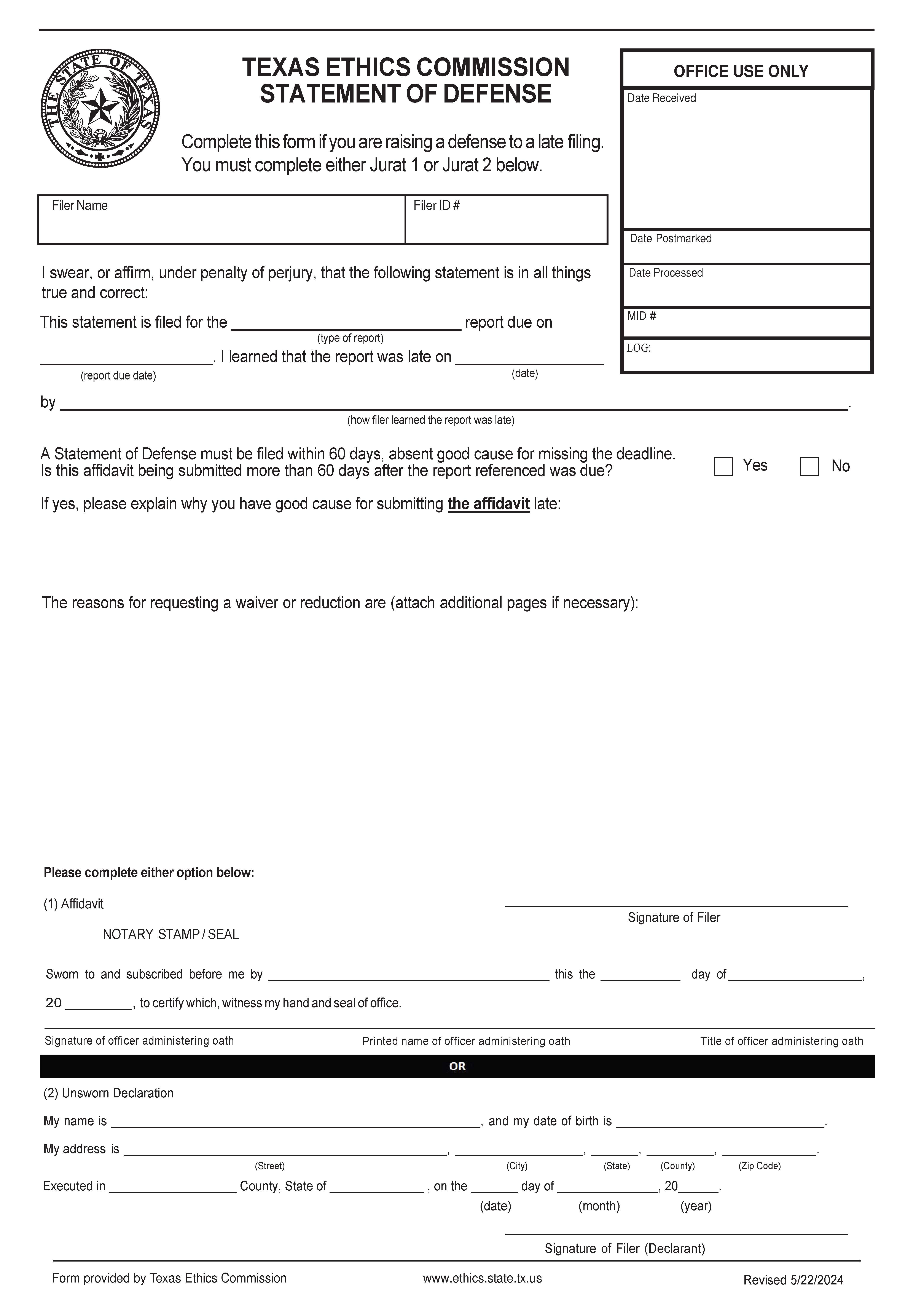 Texas Ethics Commissoin Statement Of Defense | Pdf Fpdf Docx | Texas