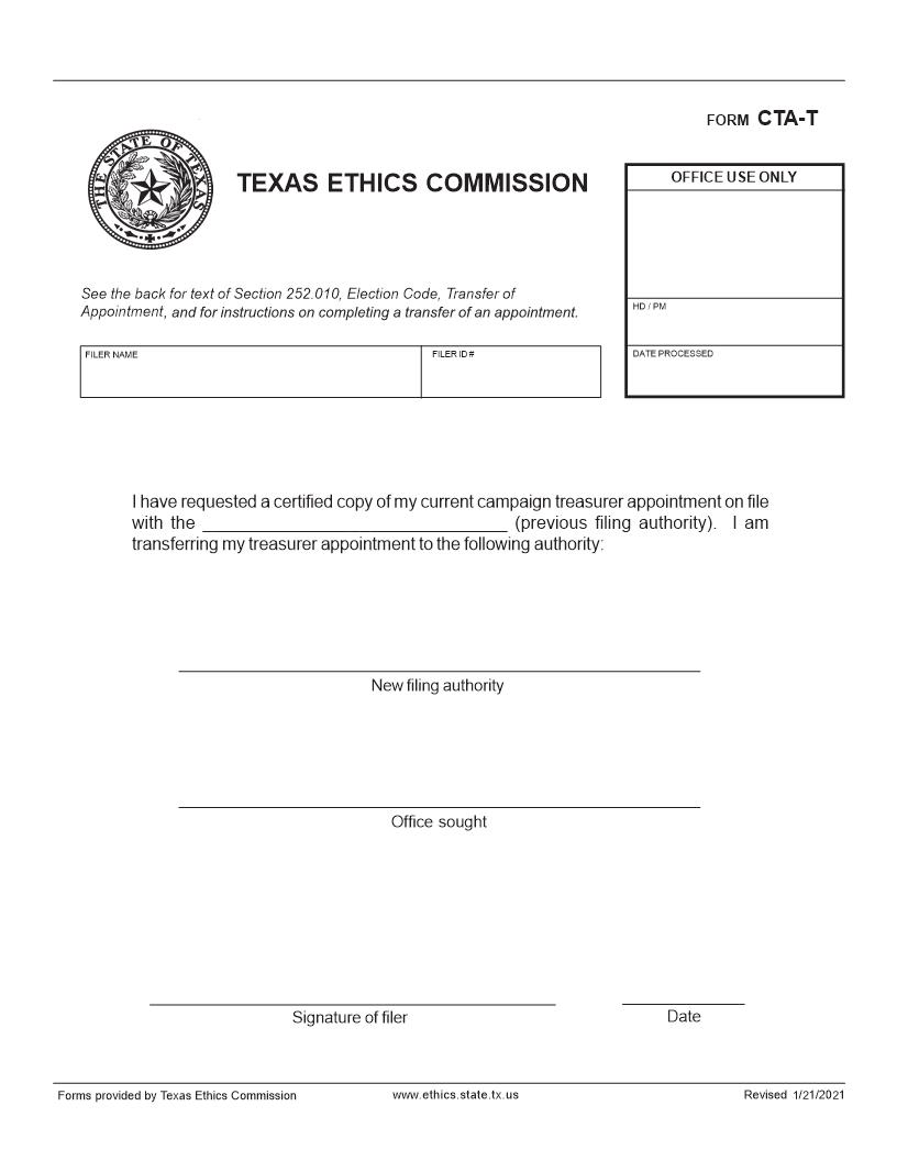 Transfer Of Appointment {CTA-T} | Pdf Fpdf Docx | Texas
