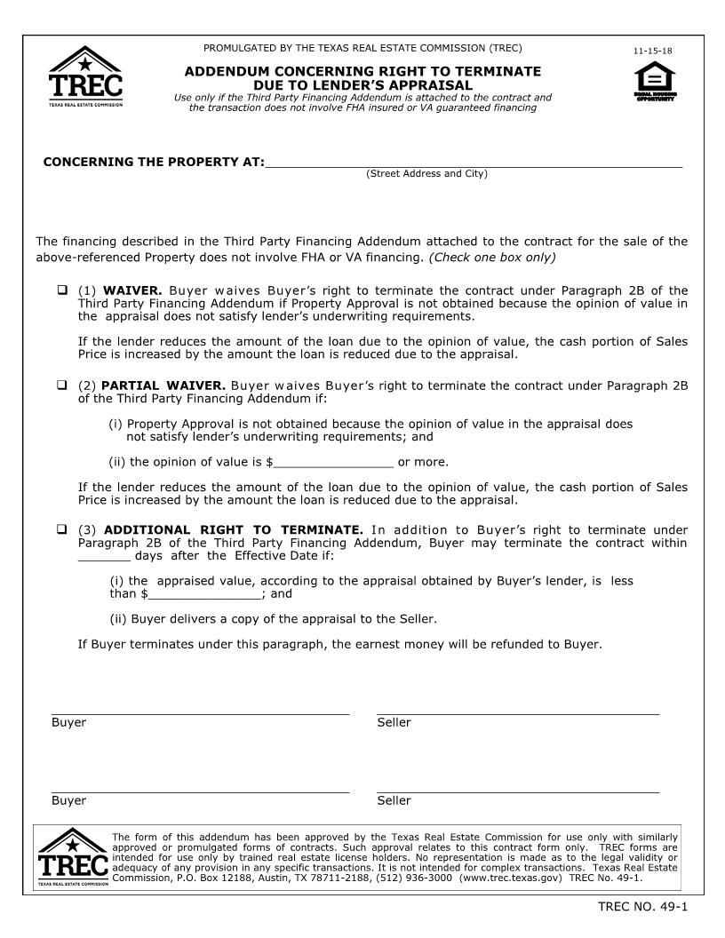 Addendum Concerning Right To Terminate Due To Lenders Appraisal {49-1} | Pdf Fpdf Docx | Texas