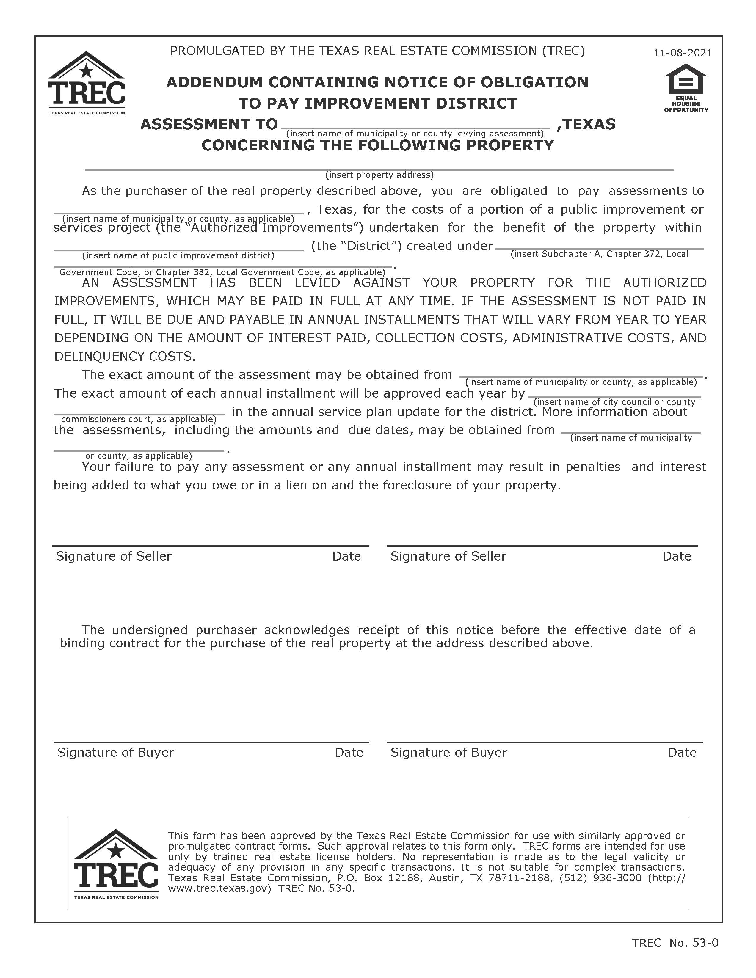 Addendum Containing Notice Of Obligation To Pay Improvement District Assessment {53-0} | Pdf Fpdf Docx | Texas