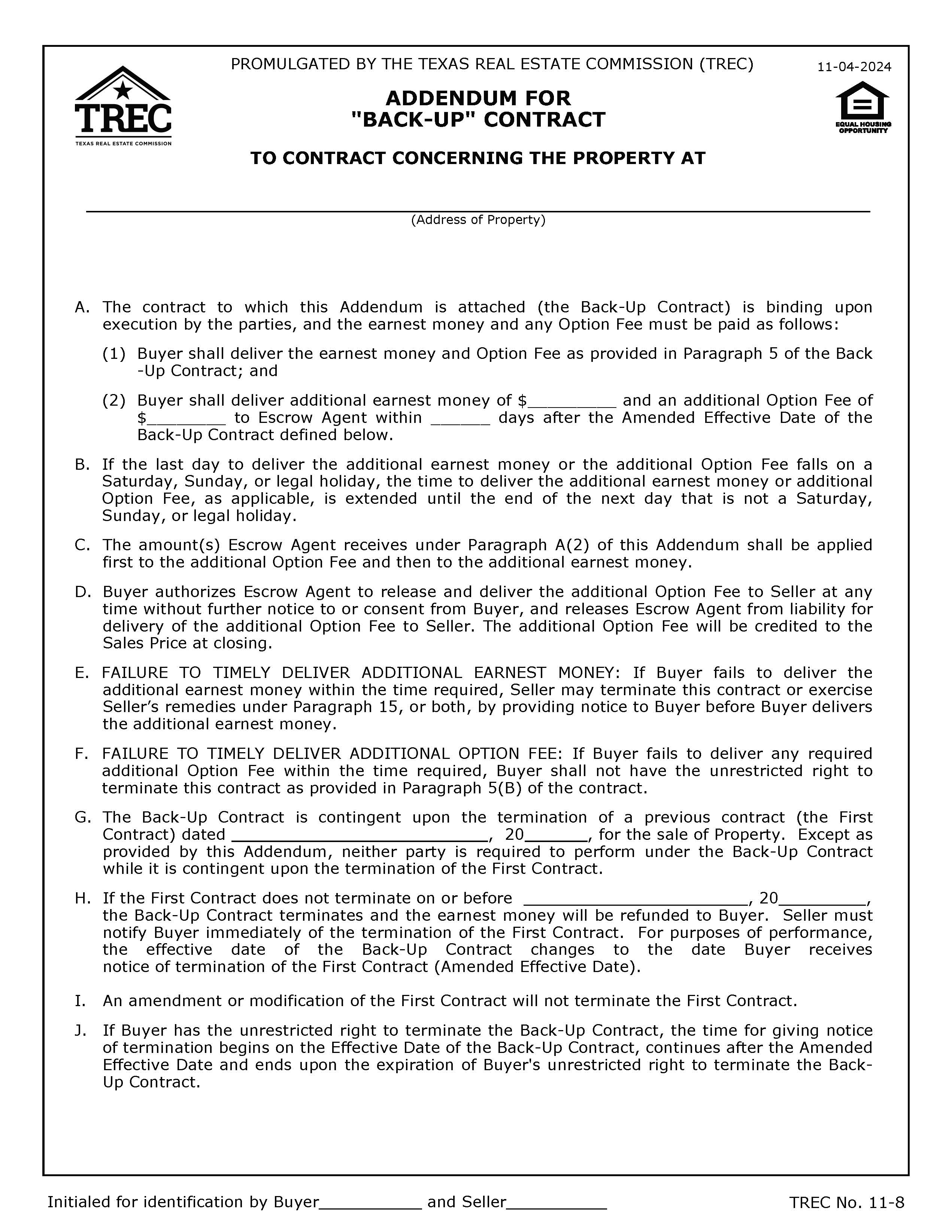 Addendum For Back-Up Contract {11-8} | Pdf Fpdf Doc Docx | Texas