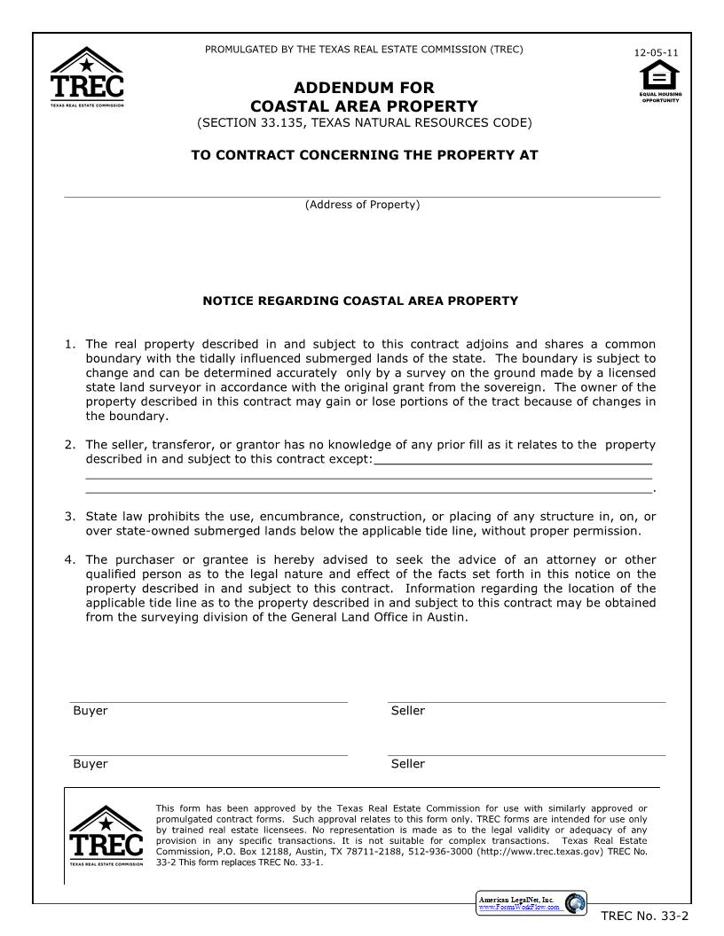 Addendum For Coastal Area Property {33-2} | Pdf Fpdf Docx | Texas