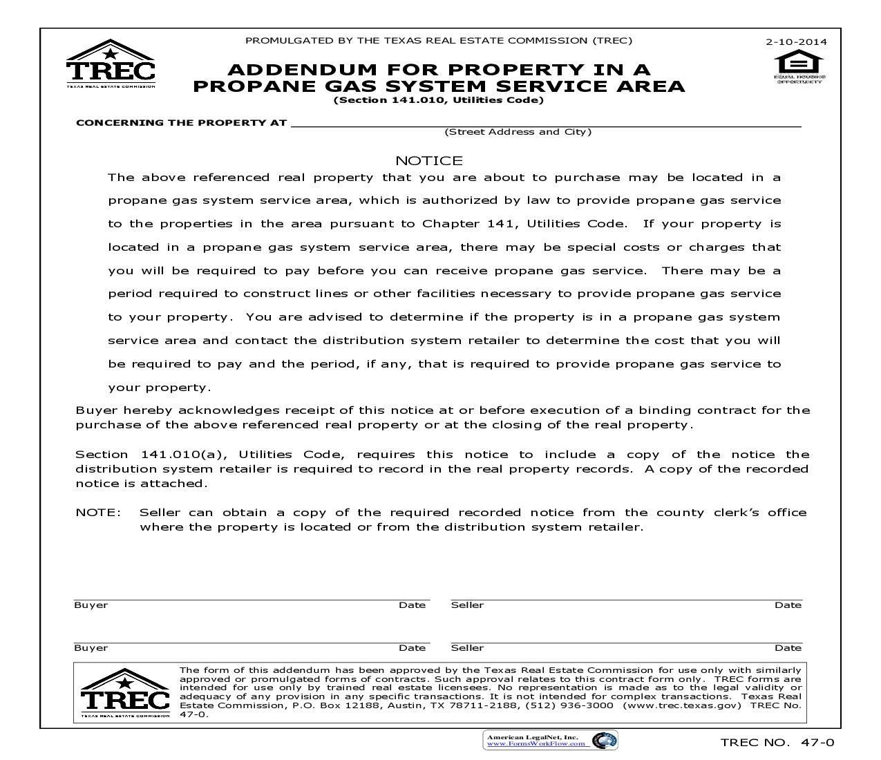 Addendum For Property In A Propane Gas System Service Area {47.0} | Pdf Fpdf Doc Docx | Texas