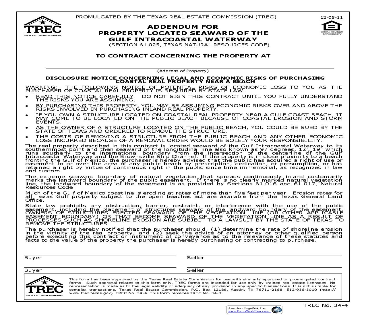 Addendum For Property Located Seaward Of The Gulf Intracoastal Waterway {34-4} | Pdf Fpdf Doc Docx | Texas
