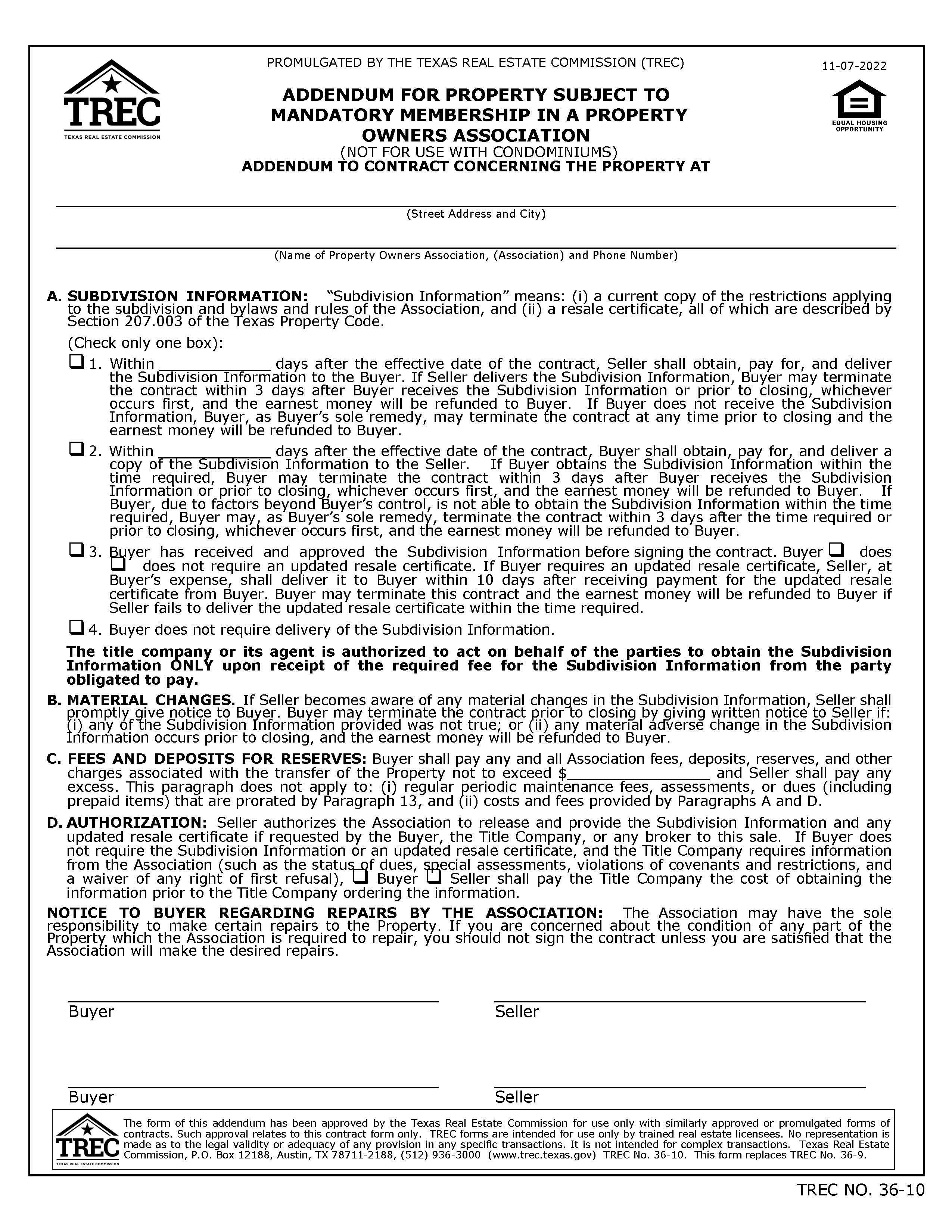 Addendum For Property Subject To Mandatory Membership In A Property Owners Association {36-10} | Pdf Fpdf Doc Docx | Texas