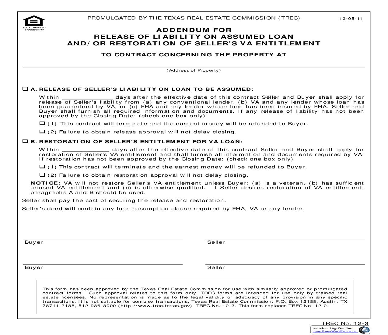 Addendum For Release Of Liability On Assumed Loan And Or Restoration Of Sellers VA Entitlement {12-3} | Pdf Fpdf Doc Docx | Texas