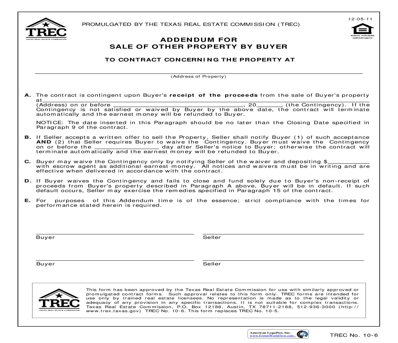 Addendum For Sale Of Other Property By Buyer {10-6} | Pdf Fpdf Doc Docx | Texas