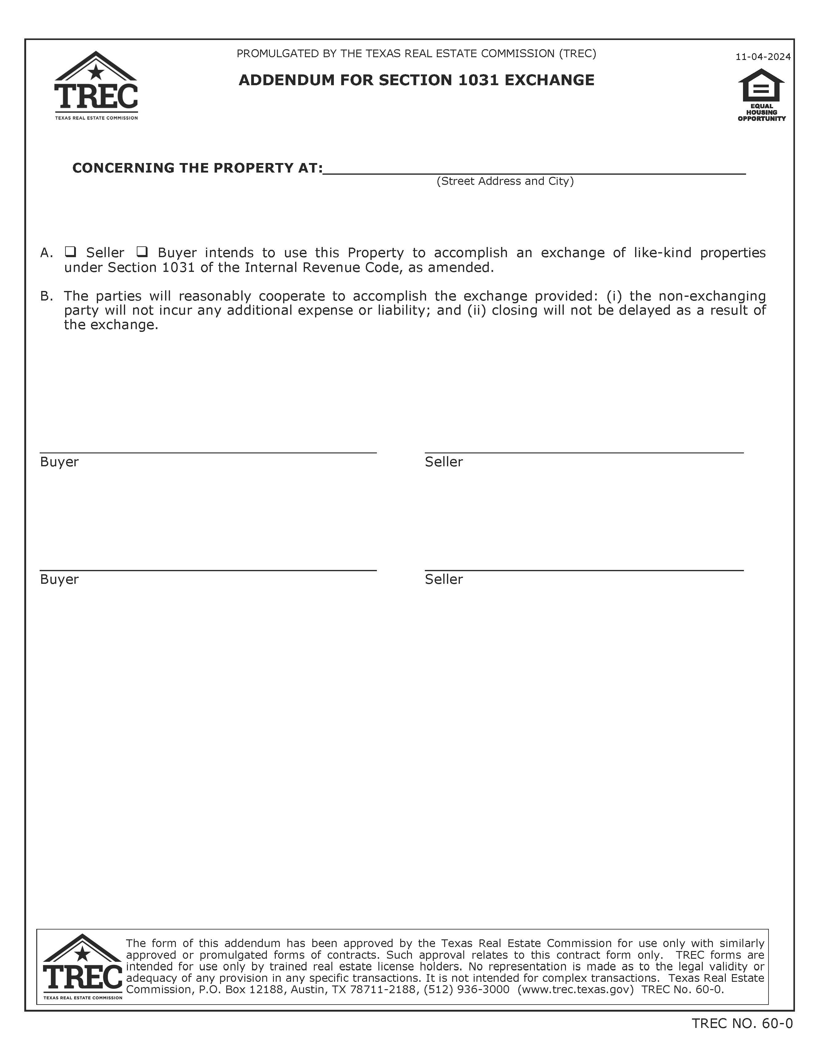 Addendum For Section 1031 Exchange {60-0} | Pdf Fpdf Docx | Texas