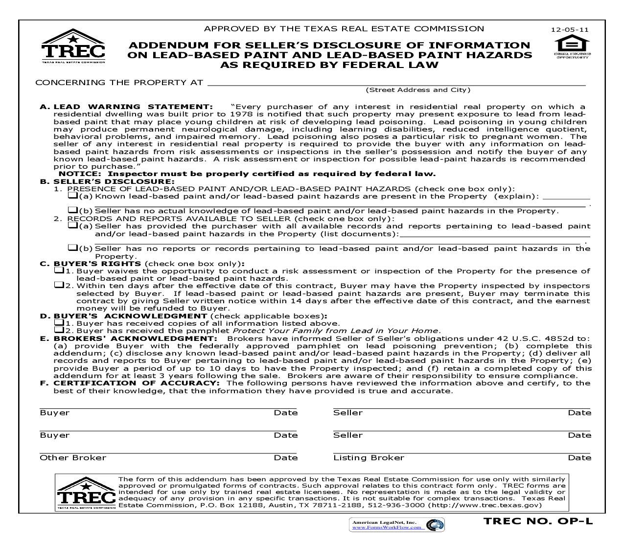 Addendum For Sellers Disclosure Of Information  On Lead-Based Paint Hazards {OP-L} | Pdf Fpdf Doc Docx | Texas