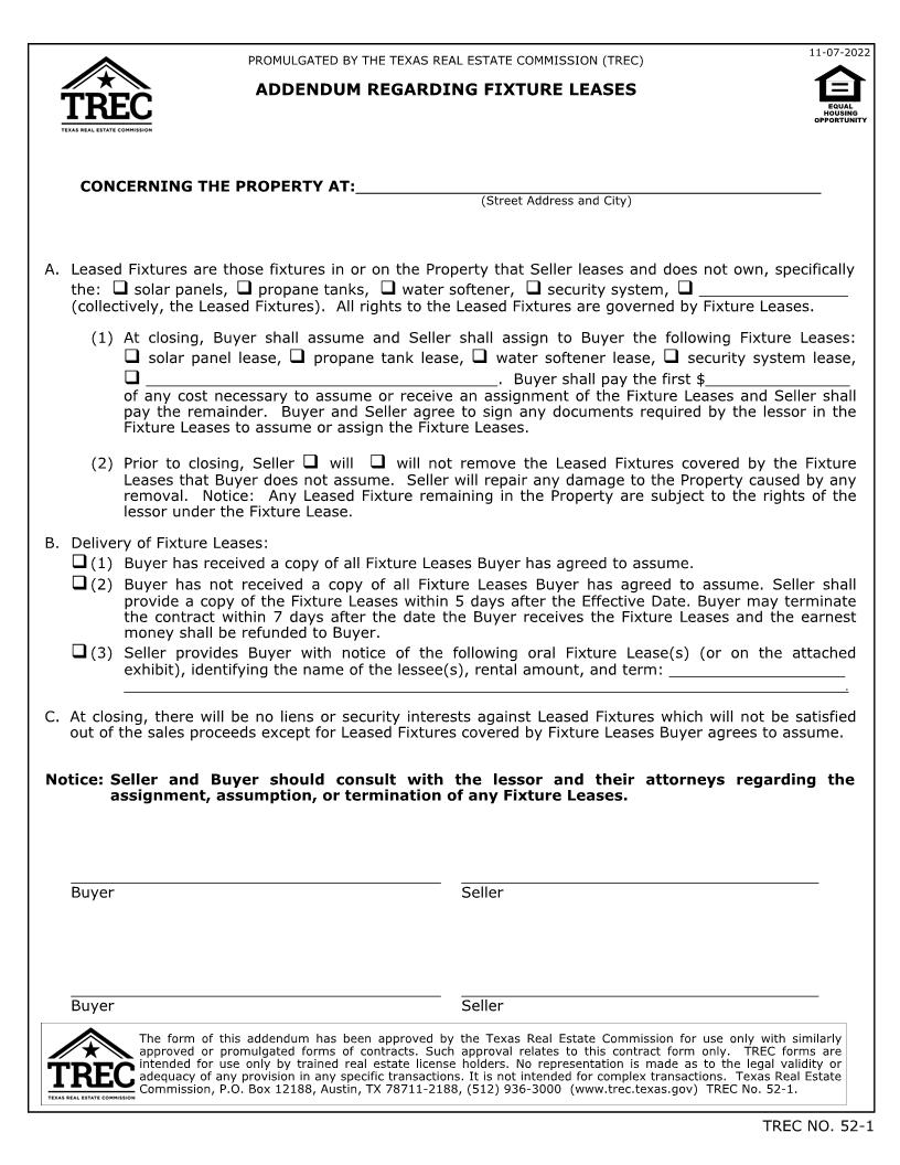 Addendum Regarding Fixture Leases {52-1} | Pdf Fpdf Docx | Texas