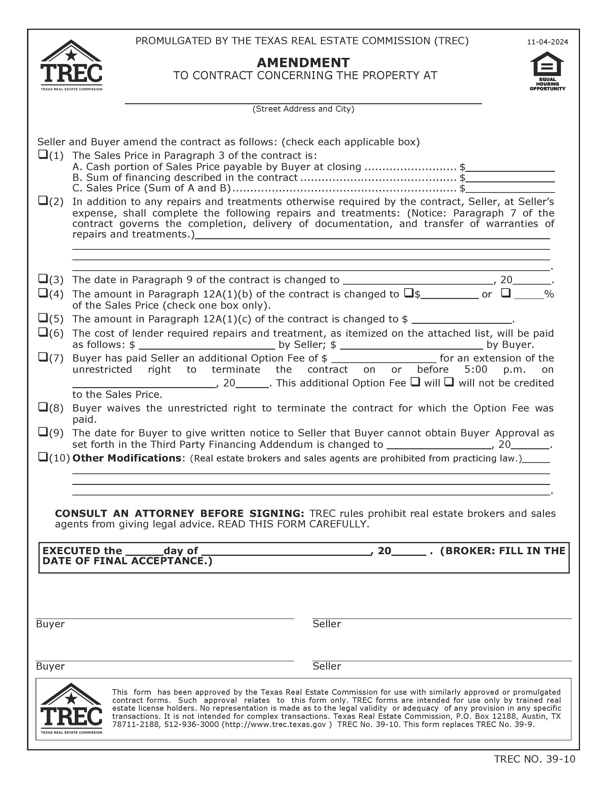Amendment To Contract {39-10} | Pdf Fpdf Doc Docx | Texas