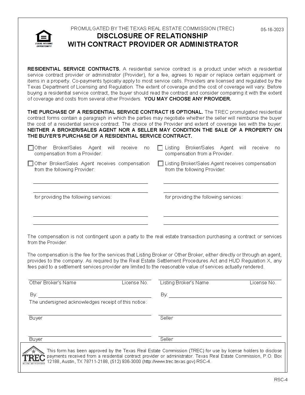 Disclosure Of Relationship With Contract Provider  Or Administrator {RSC-4} | Pdf Fpdf Docx | Texas