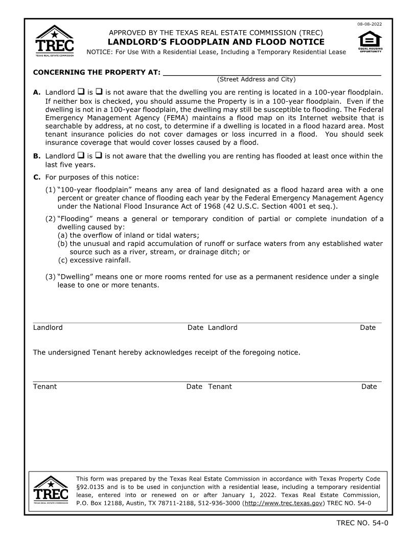Landlords Floodplan And Flood Notice {54-0} | Pdf Fpdf Docx | Texas