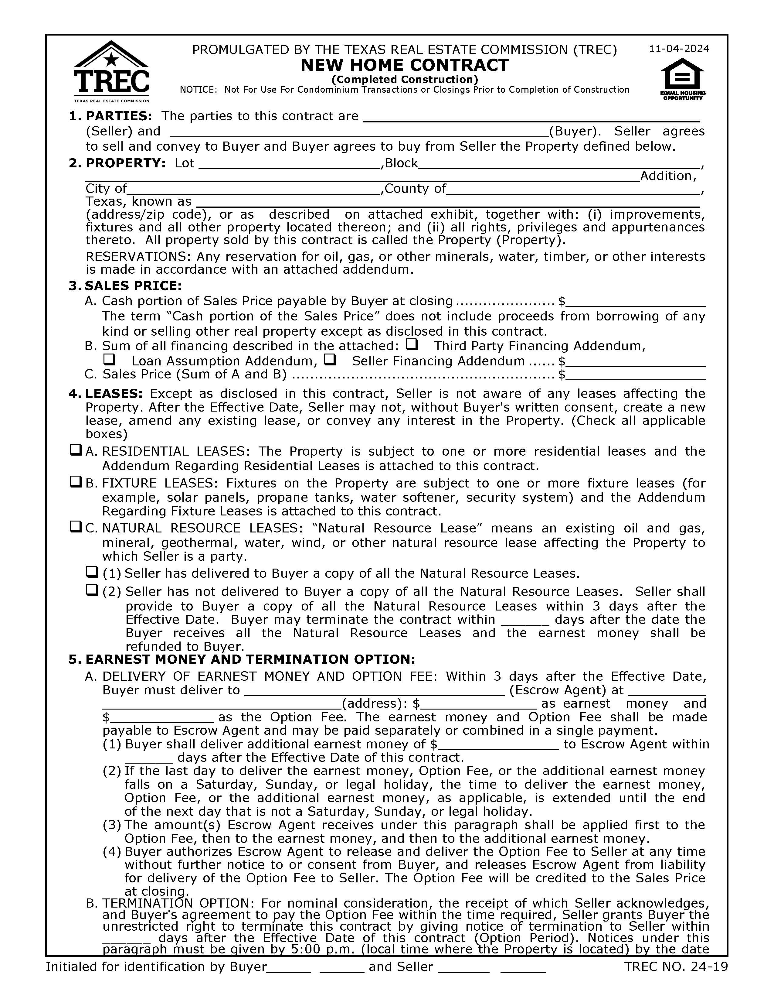New Home Contract (Completed Construction) {24-19} | Pdf Fpdf Docx | Texas