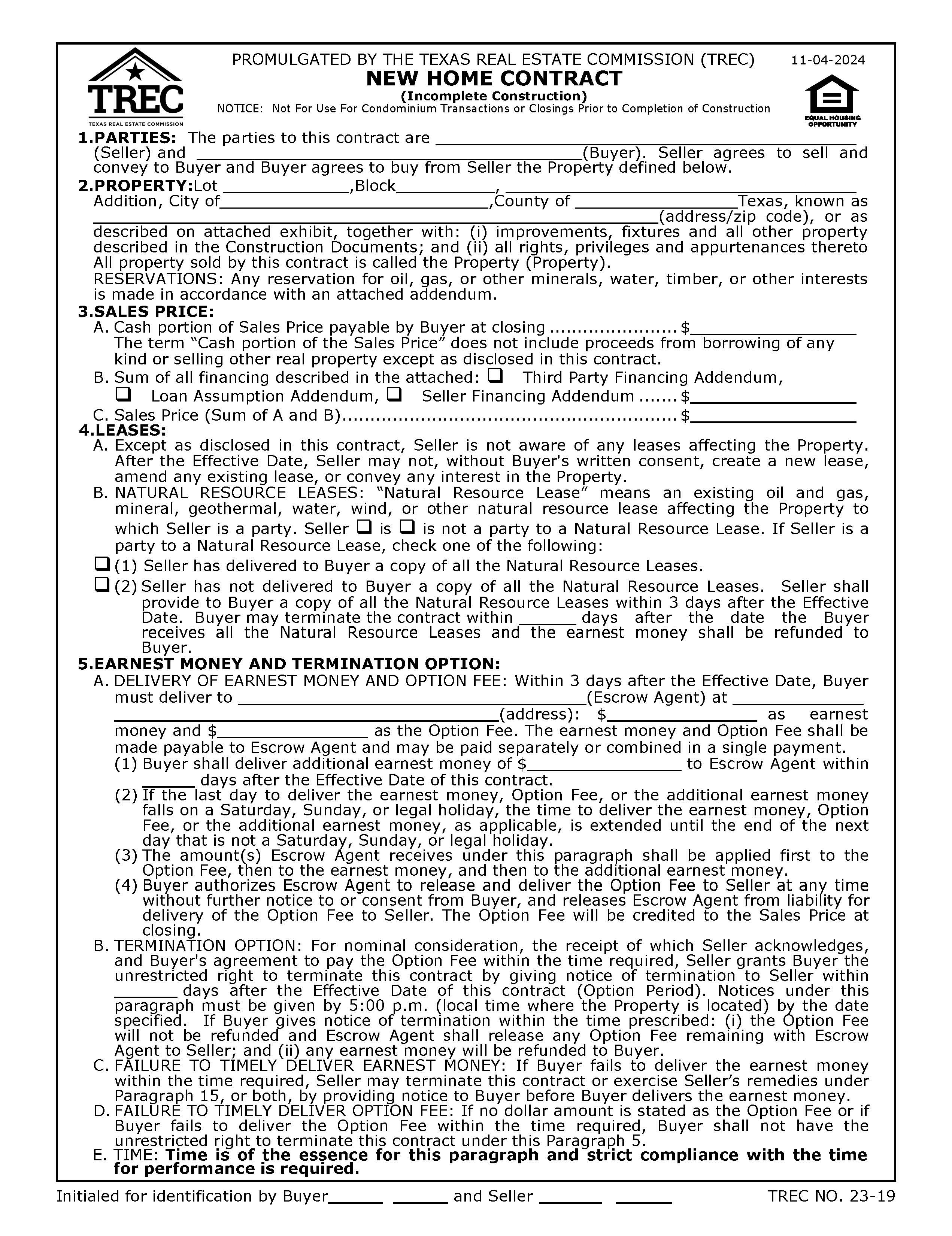 New Home Contract (Incomplete Construction) {23-19} | Pdf Fpdf Docx | Texas