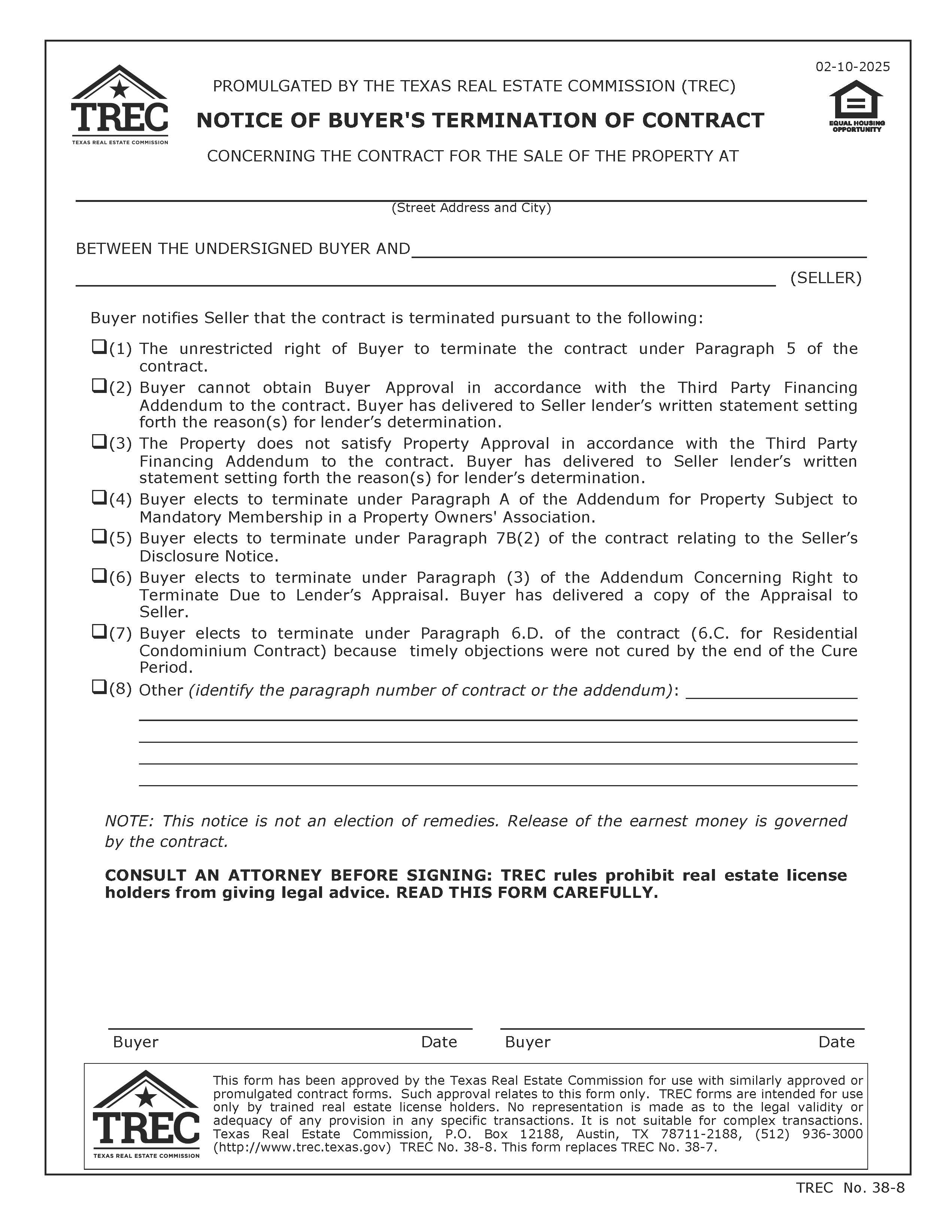 Notice Of Buyers Termination Of Contract {38-8} | Pdf Fpdf Docx | Texas