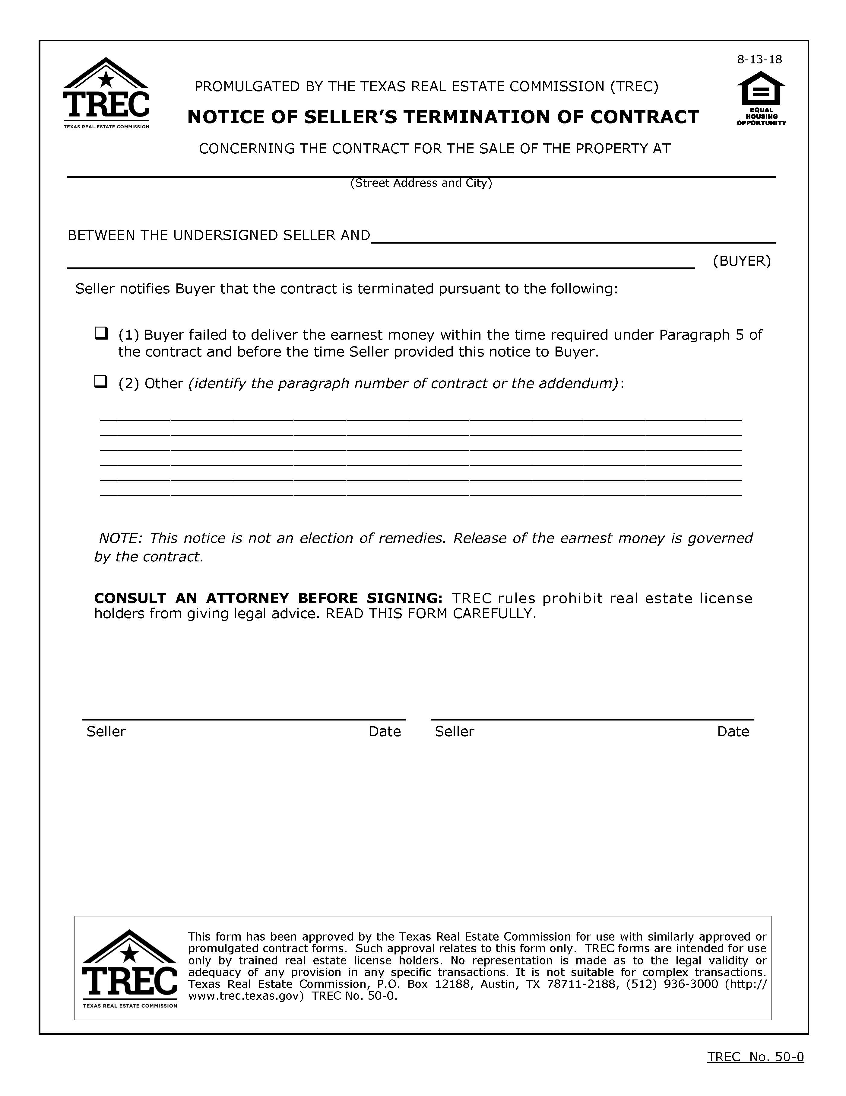 Notice Of Sellers Termination Of Contract {50-0} | Pdf Fpdf Docx | Texas