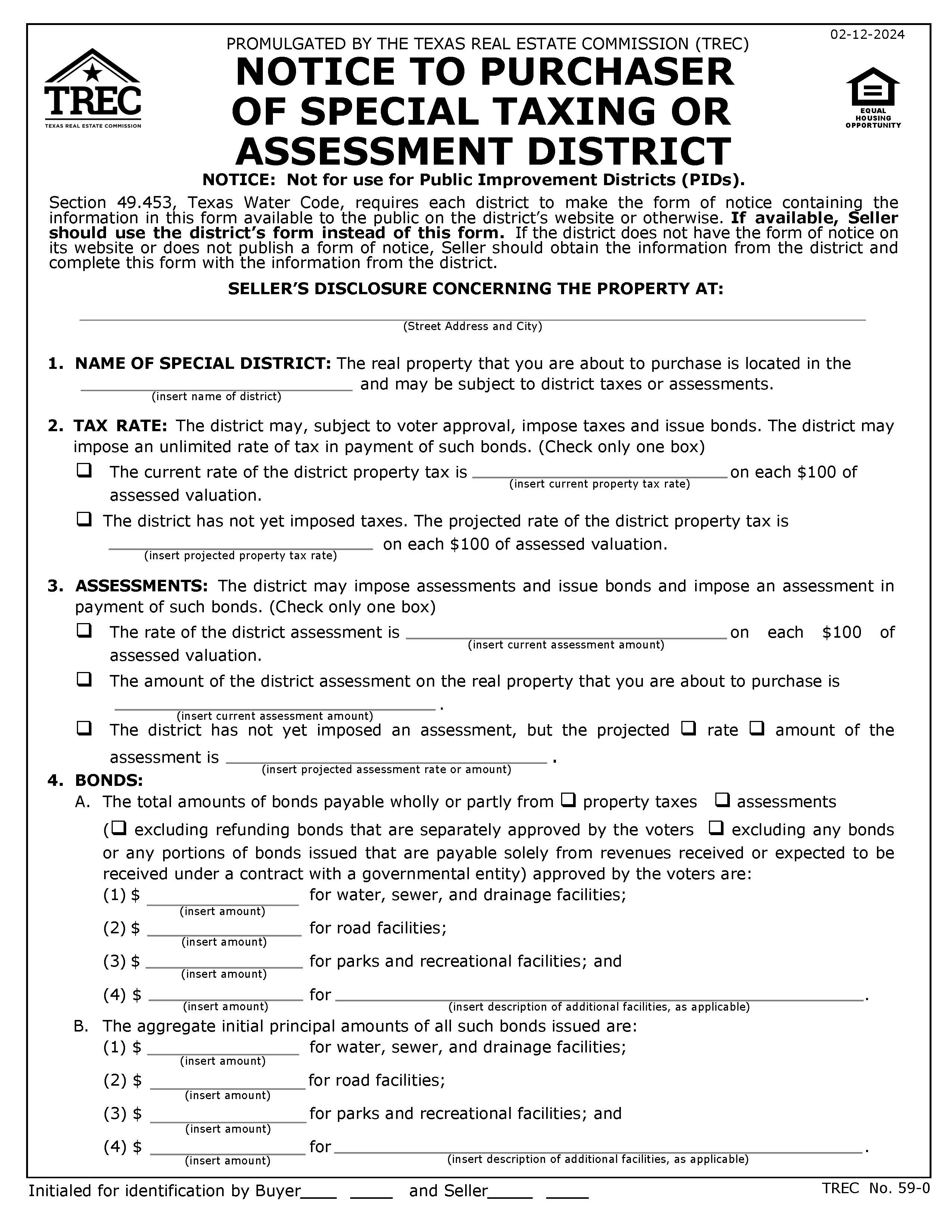 Notice To Purchaser Of Special Taxing Or Assessment District {59-0} | Pdf Fpdf Docx | Texas