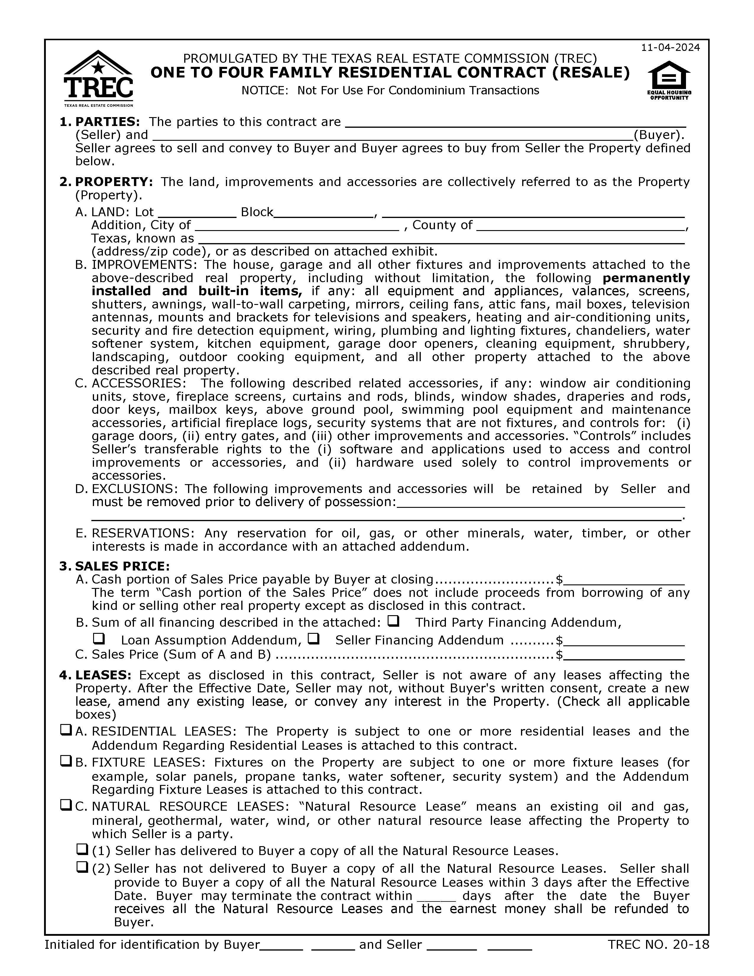 One To Four Family Residential Contract (Resale) {20-18} | Pdf Fpdf Docx | Texas