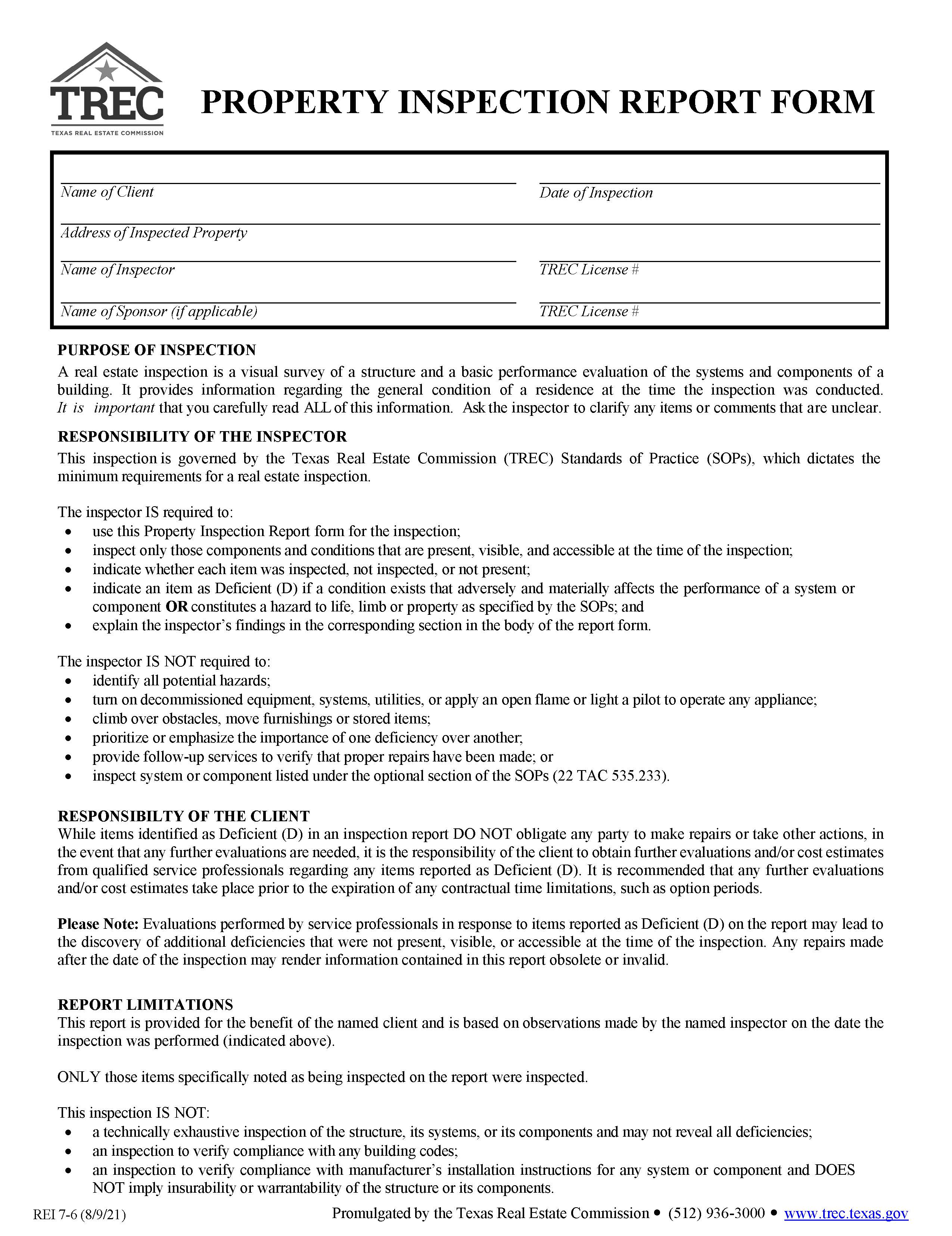 Property Inspection Report {REI 7-6} | Pdf Fpdf Docx | Texas