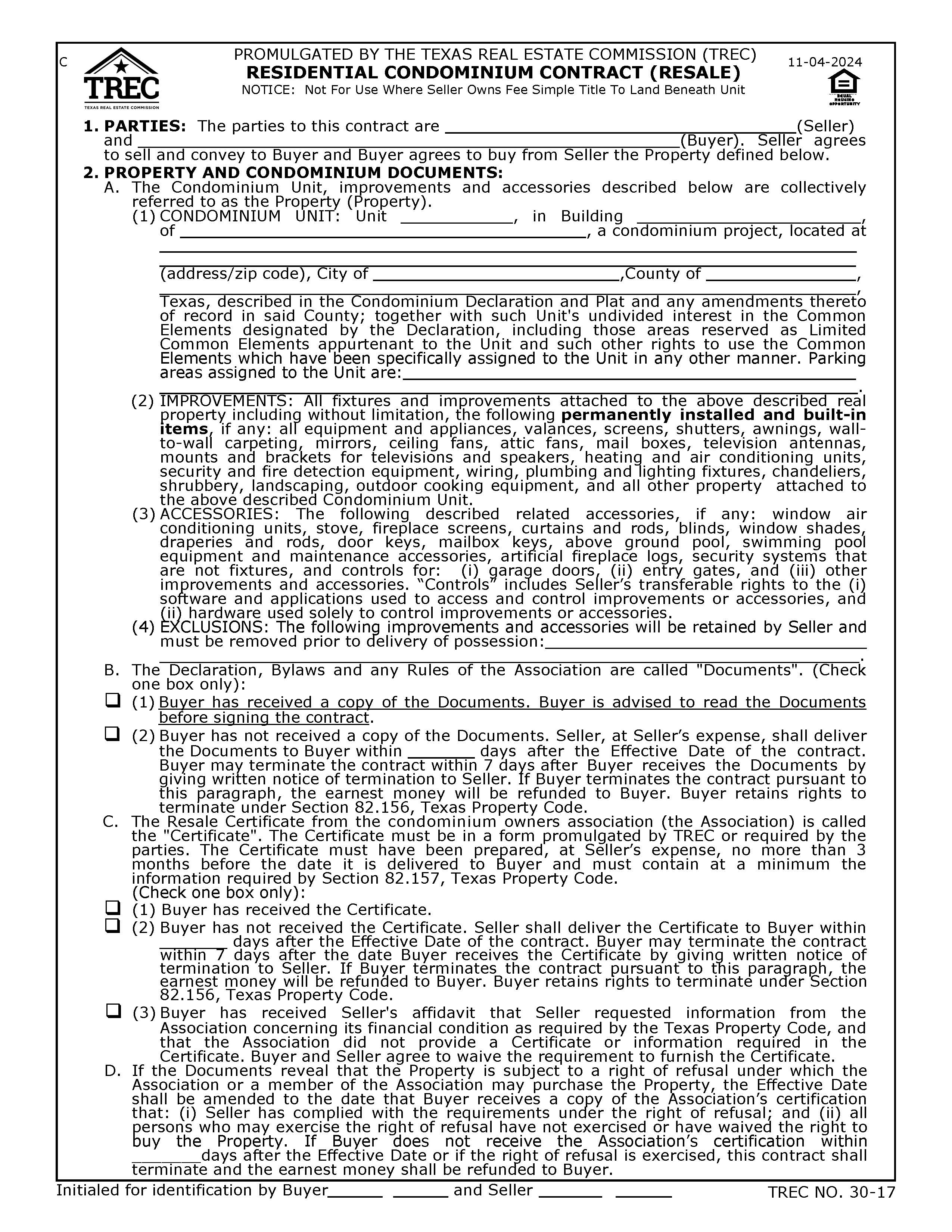 Residential Condominium Contract (Resale) {30-17} | Pdf Fpdf Docx | Texas