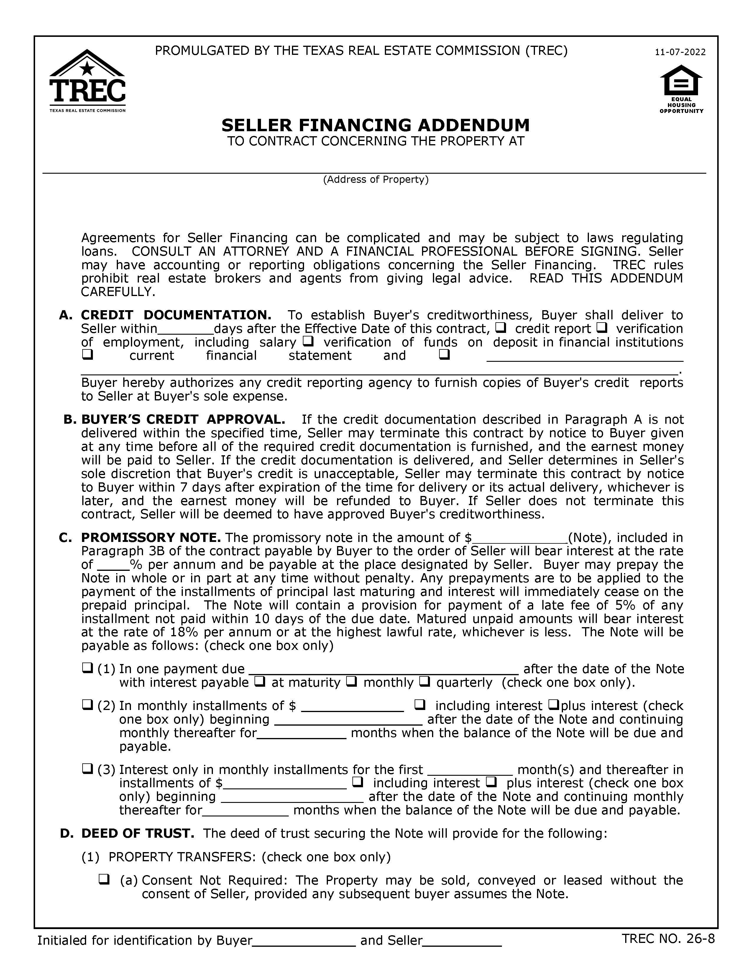 Seller Financing Addendum {26-8} | Pdf Fpdf Doc Docx | Texas