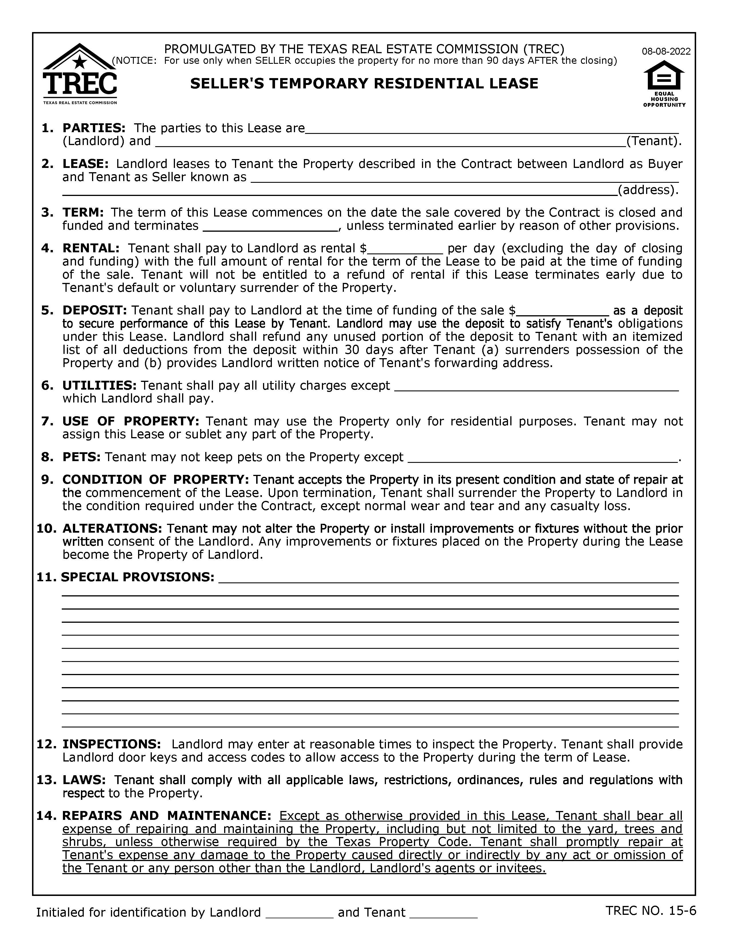 Sellers Temporary Residential Lease {15-6} | Pdf Fpdf Doc Docx | Texas