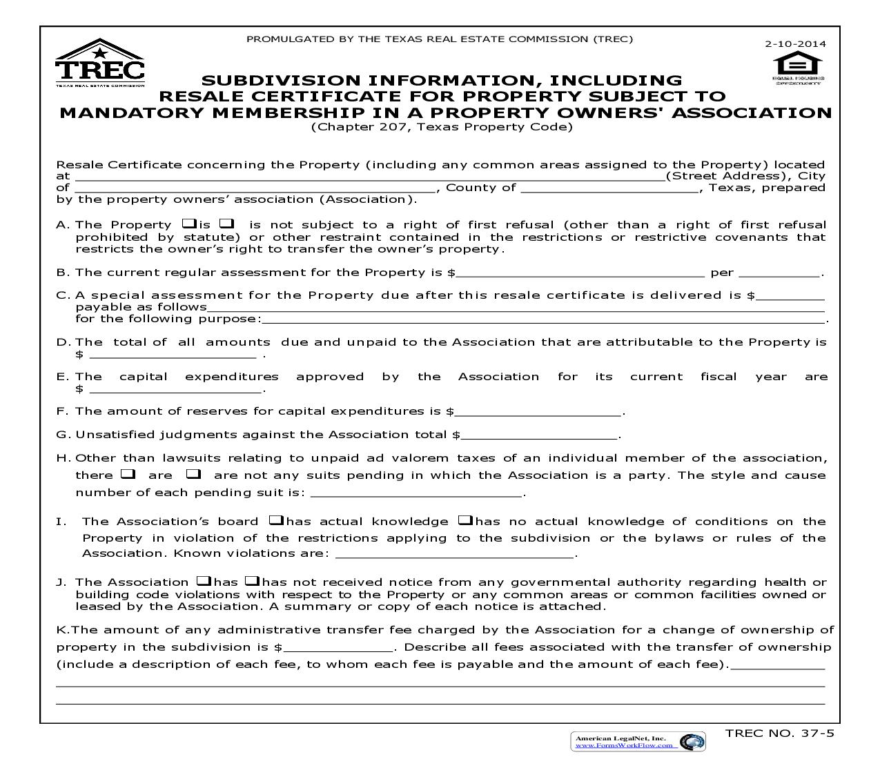 Subdivision Information Including Resale Certificate for Property in a Property Owners Association {37-5} | Pdf Fpdf Doc Docx | Texas