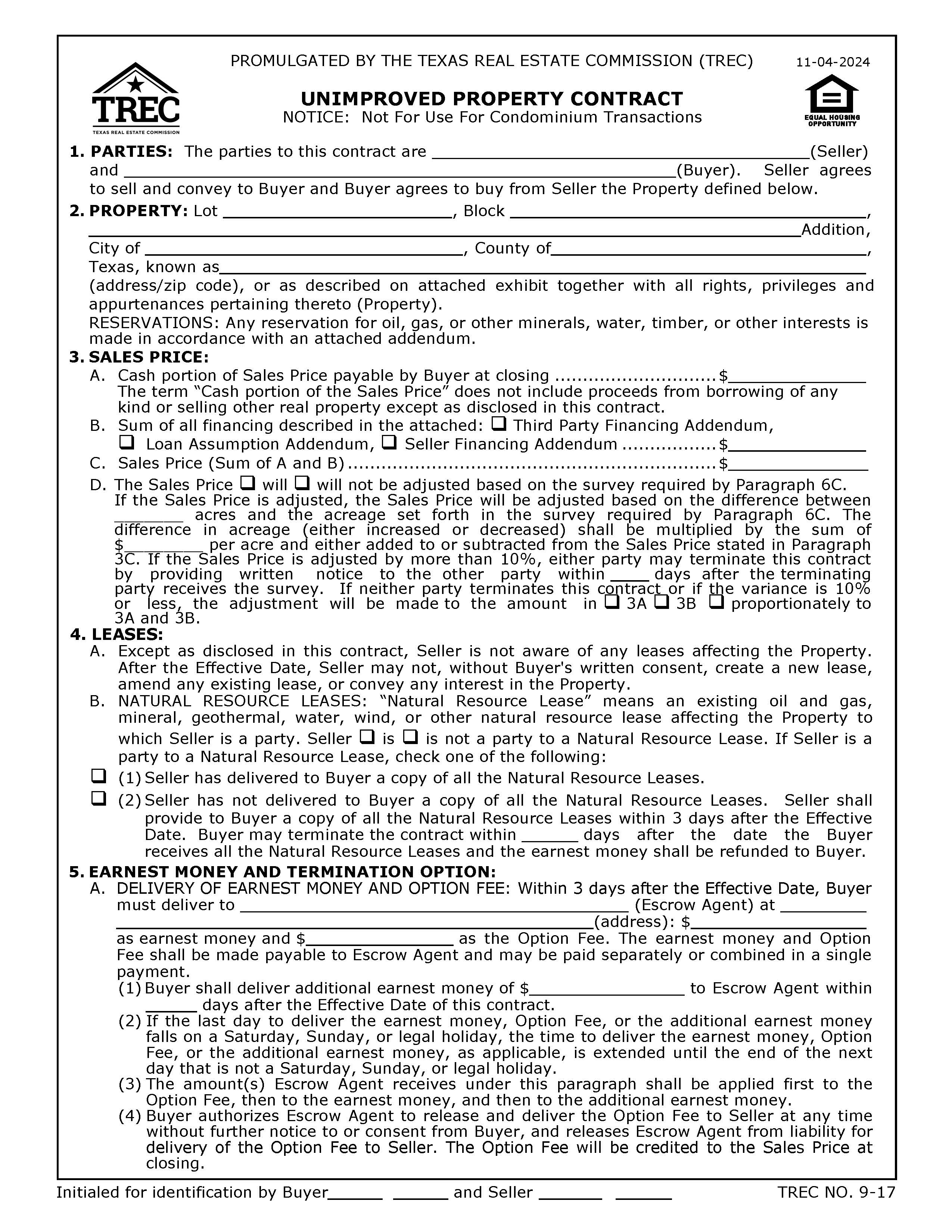 Unimproved Property Contract {9-17} | Pdf Fpdf Docx | Texas