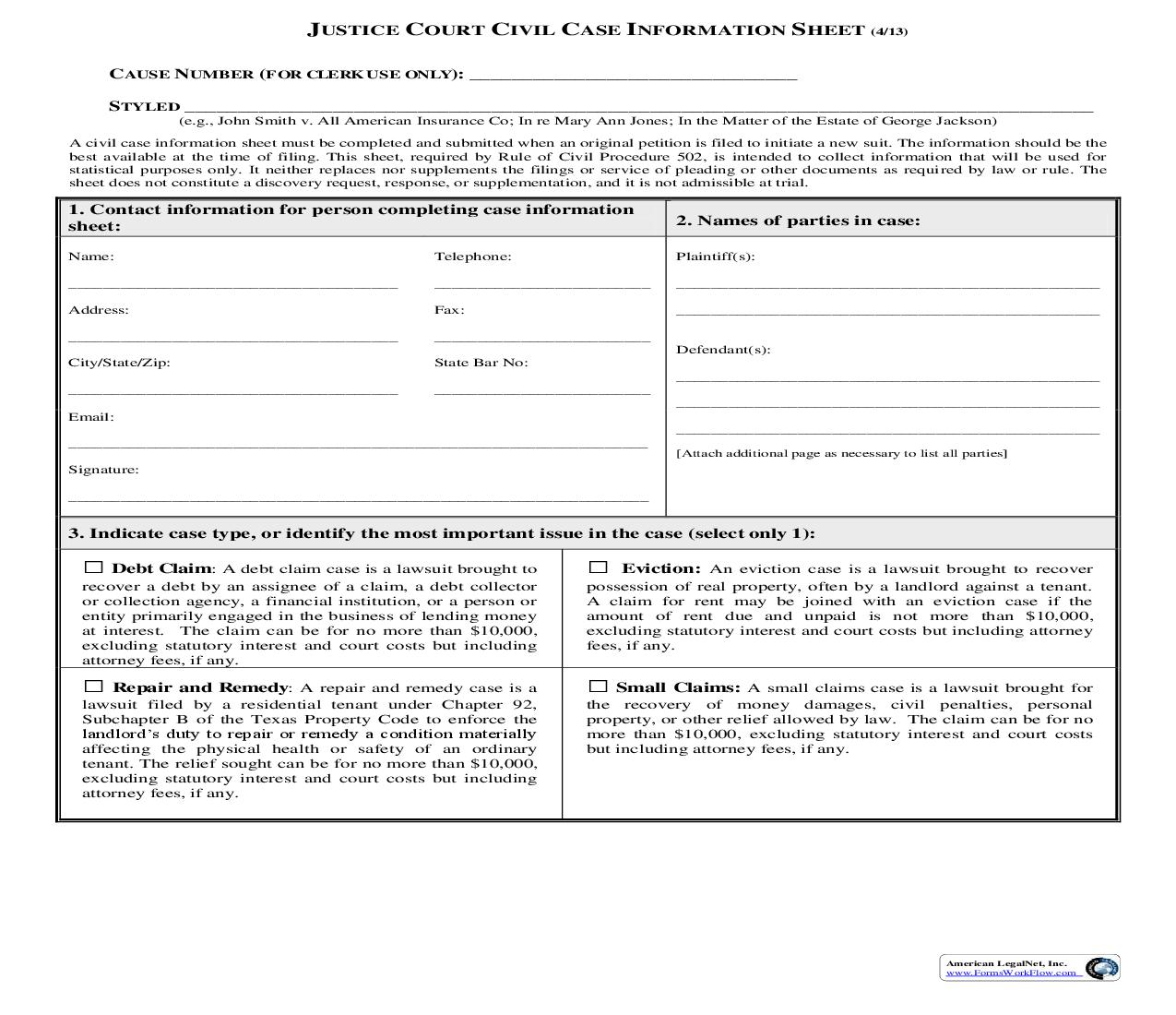 Justice Court Civil Case Information Sheet | Pdf Fpdf Doc Docx | Texas