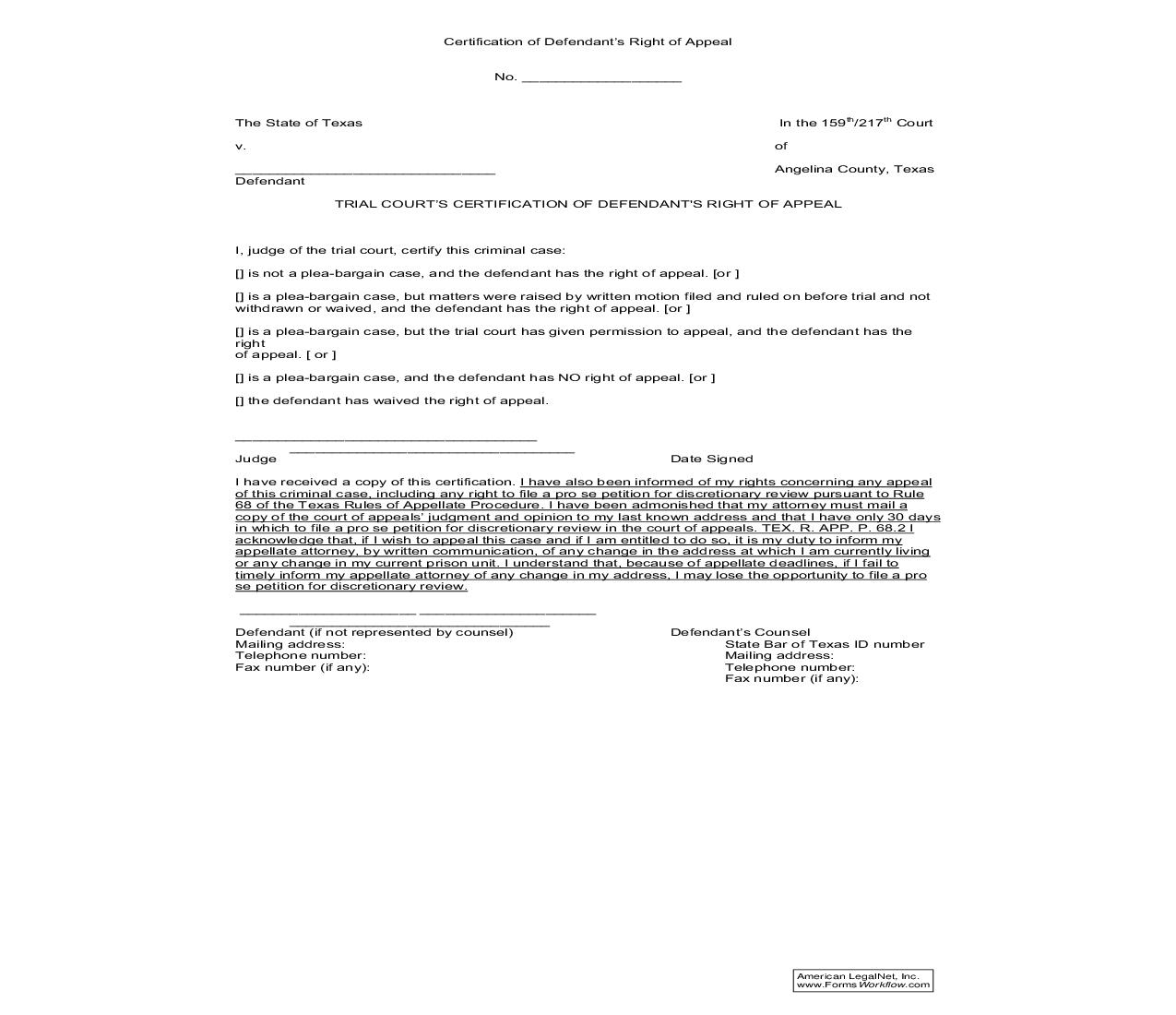 Trial Courts Certification Of Defendants Right To Appeal |  | Texas