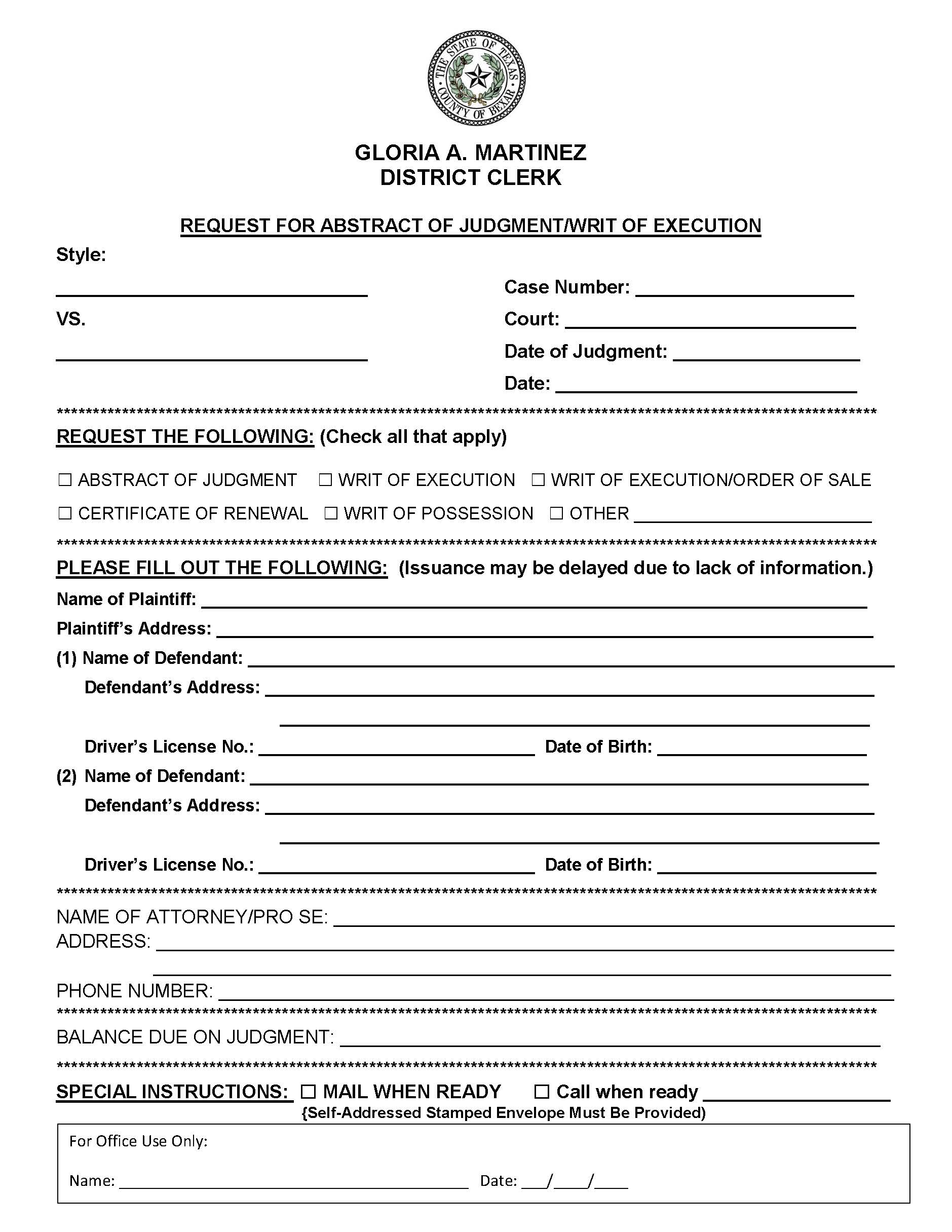 Request For Abstract Of Judgment Writ Of Execution | Pdf Fpdf Docx | Texas