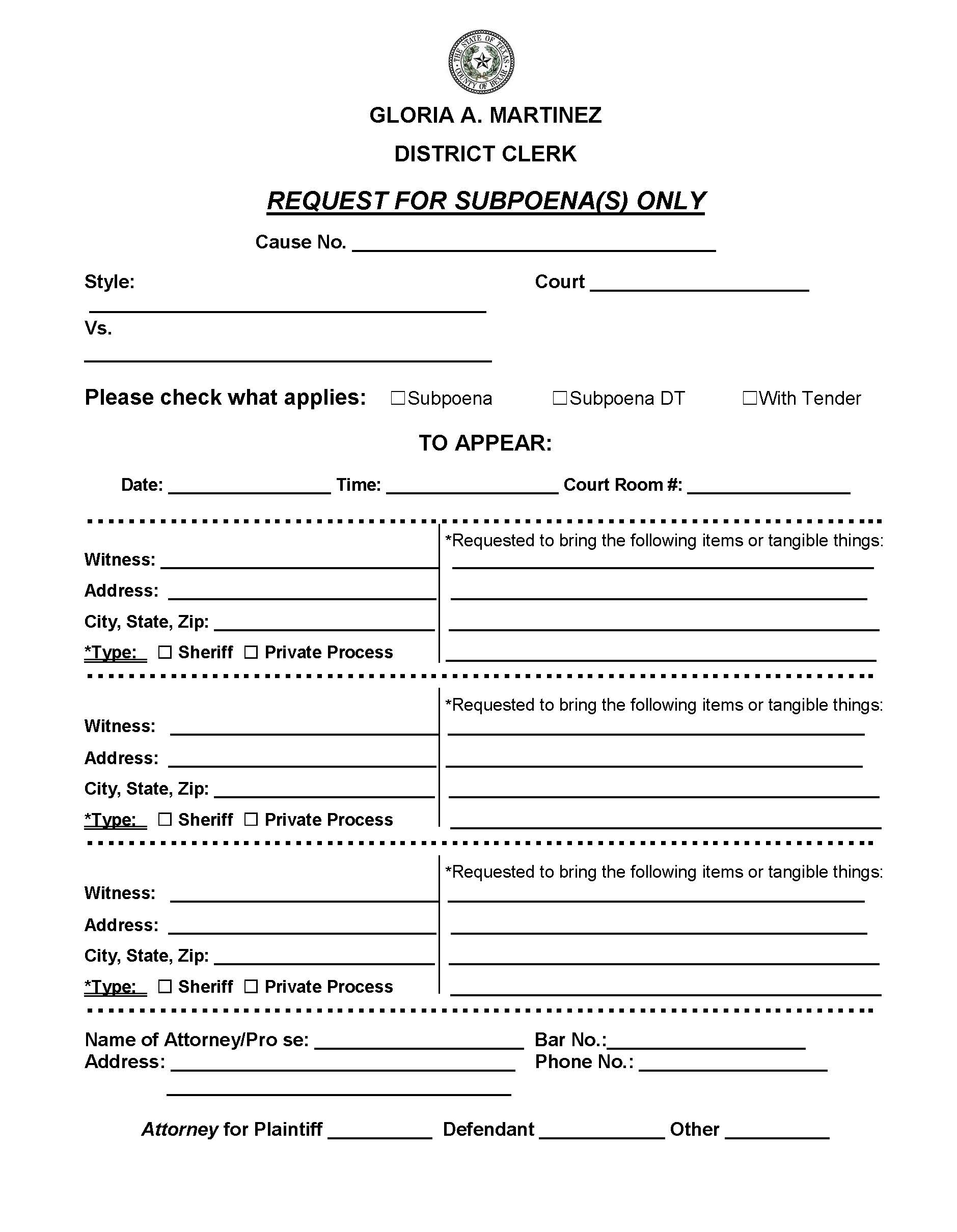 Request For Subpoena(s) | Pdf Fpdf Docx | Texas