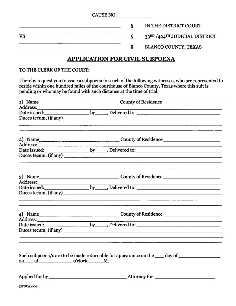 Application For Civil Subpoena | Pdf Fpdf Docx | Texas