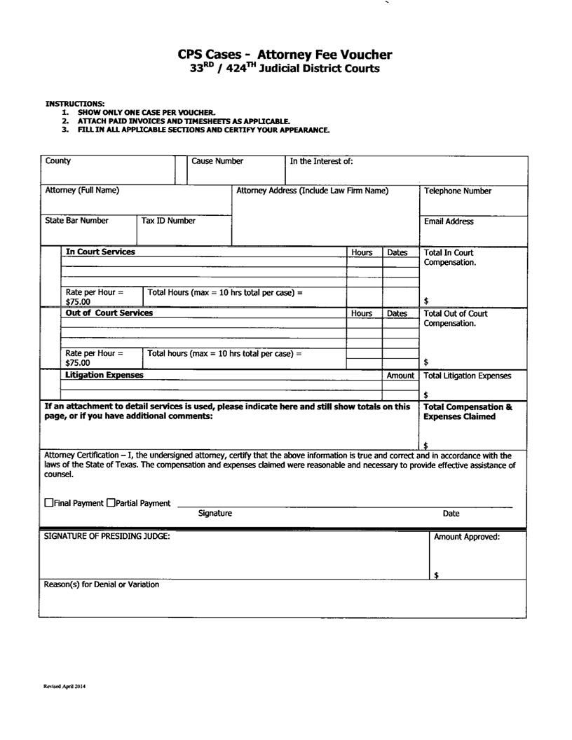 Attorney Fee Voucher (CPS Cases) | Pdf Fpdf Docx | Texas
