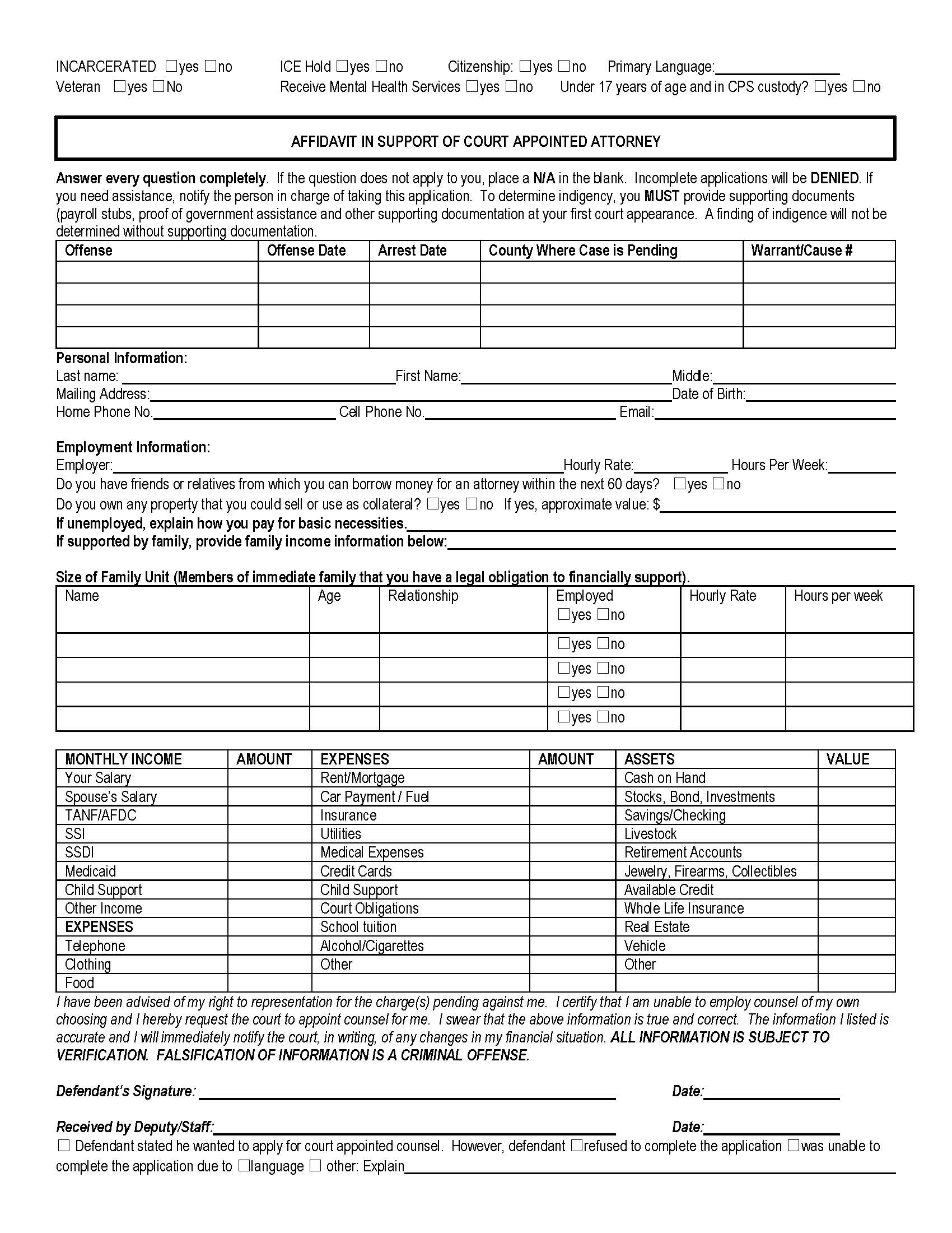 Affidavit In Support Of Court Appointed Attorney | Pdf Fpdf Doc Docx | Texas