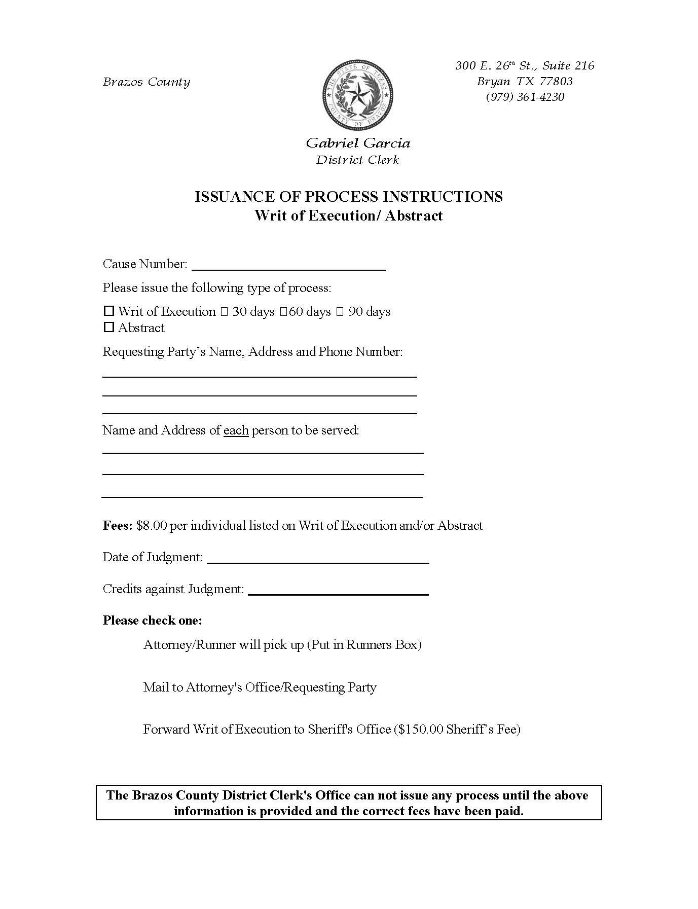 Issuance Of Process Instructions For Writ Of Execution | Pdf Fpdf Docx | Texas