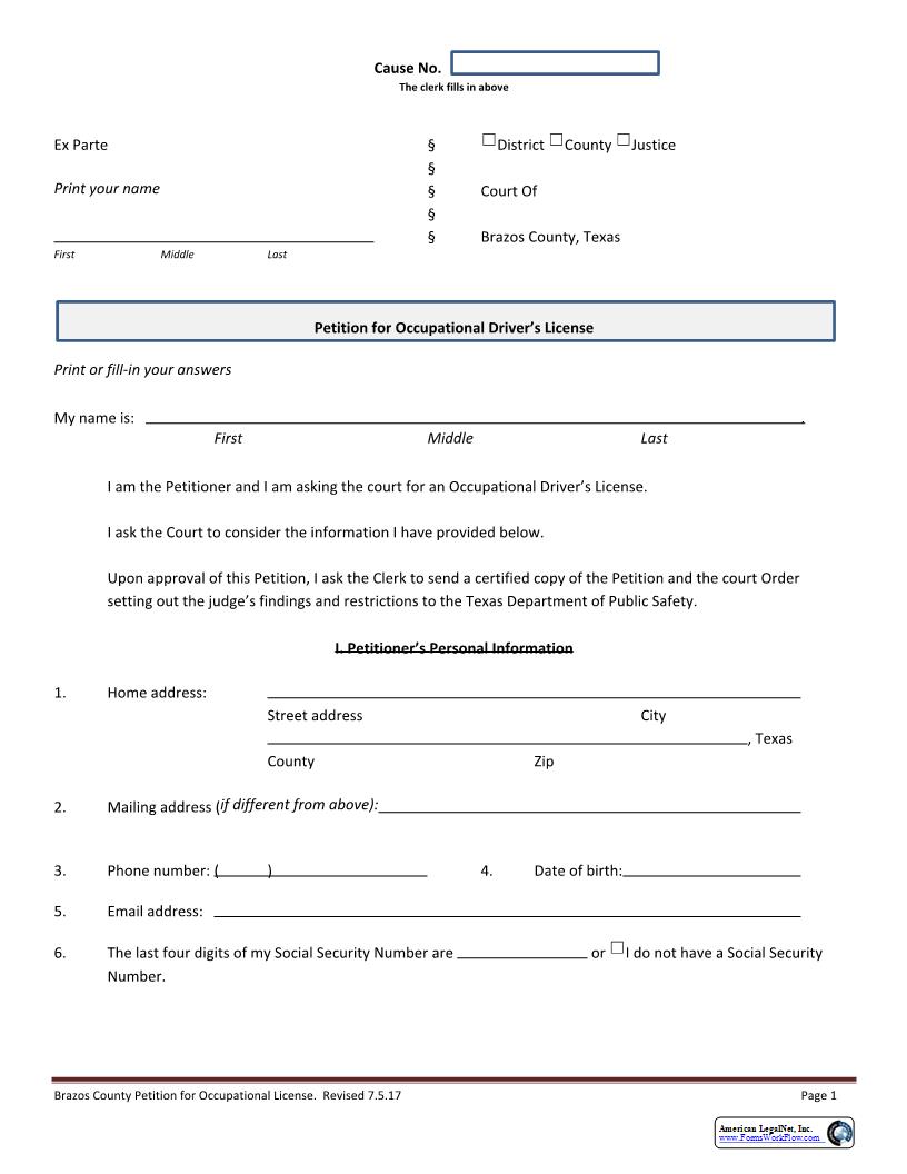 Petition For Occupational Drivers License | Pdf Fpdf Docx | Texas