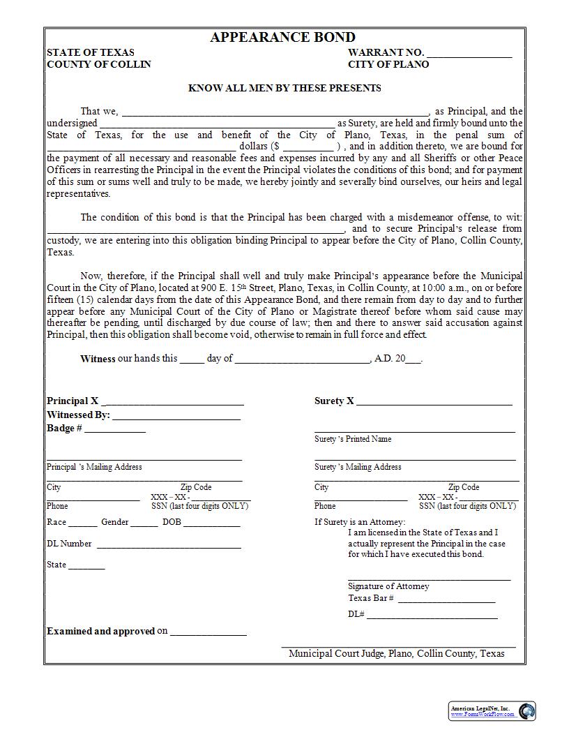 Appearance Bond | Pdf Fpdf Docx | Texas