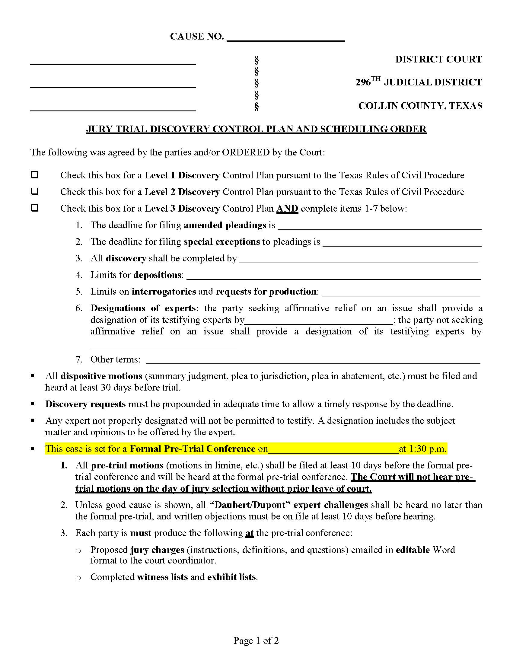 Jury Trial Discovery Control Plan And Scheduling Order (296th Judicial District) | Pdf Fpdf Doc Docx | Texas