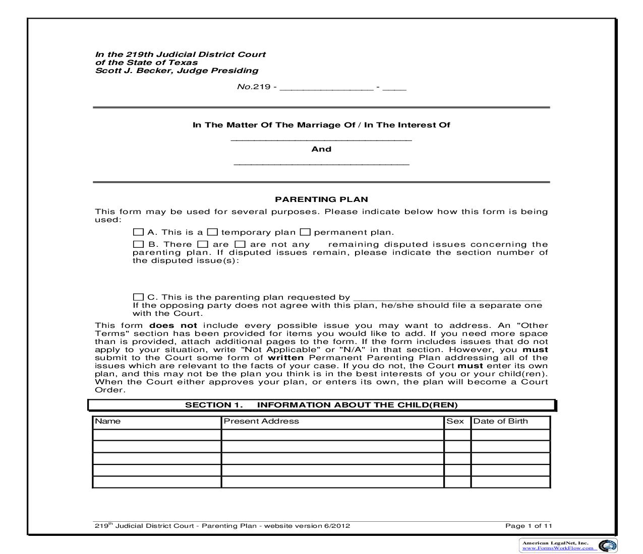 Parenting Plan | Pdf Fpdf Doc Docx | Texas