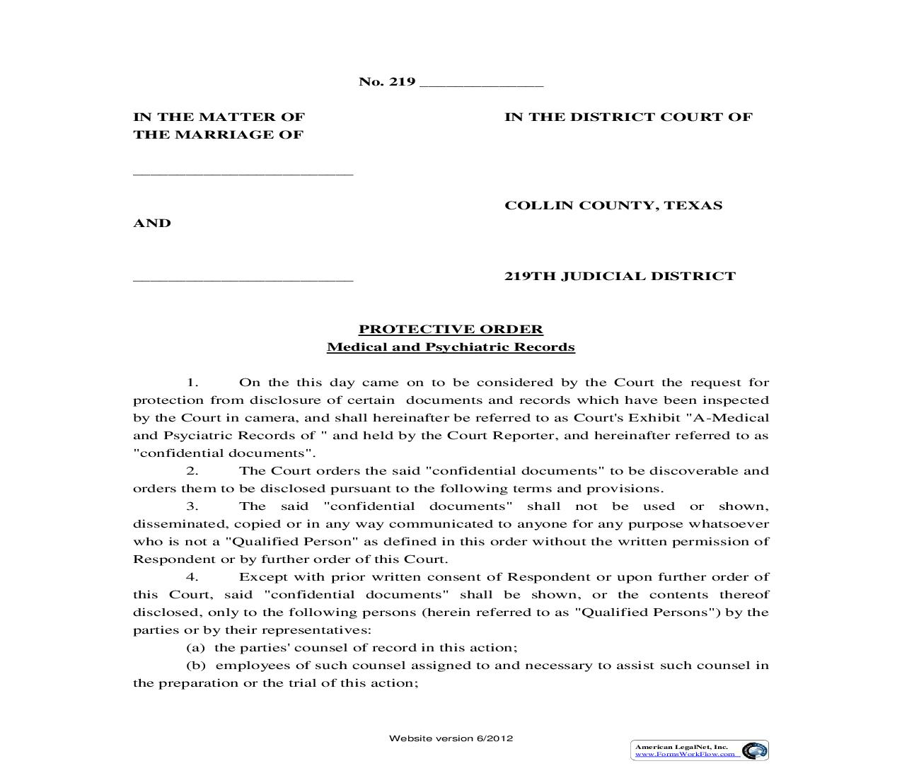Protective Order Medical And Psychiatric Records | Pdf Fpdf Doc Docx | Texas