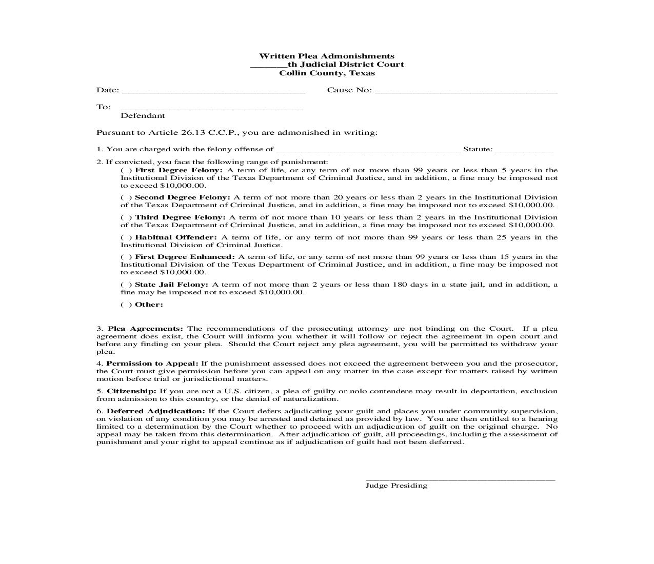 Written Plea Admonishments | Pdf Fpdf Doc Docx | Texas